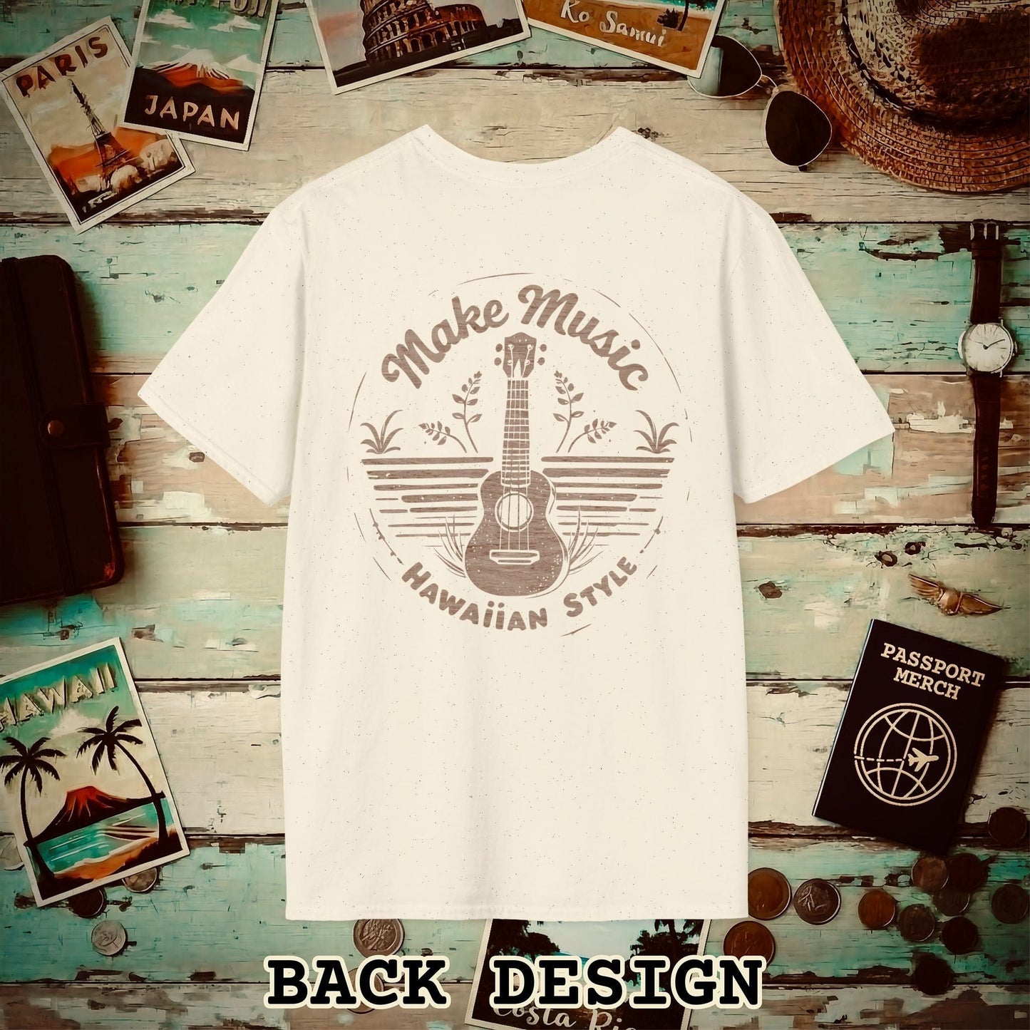 Make Music Hawaiian Style, Back Print T-Shirt Natural / S