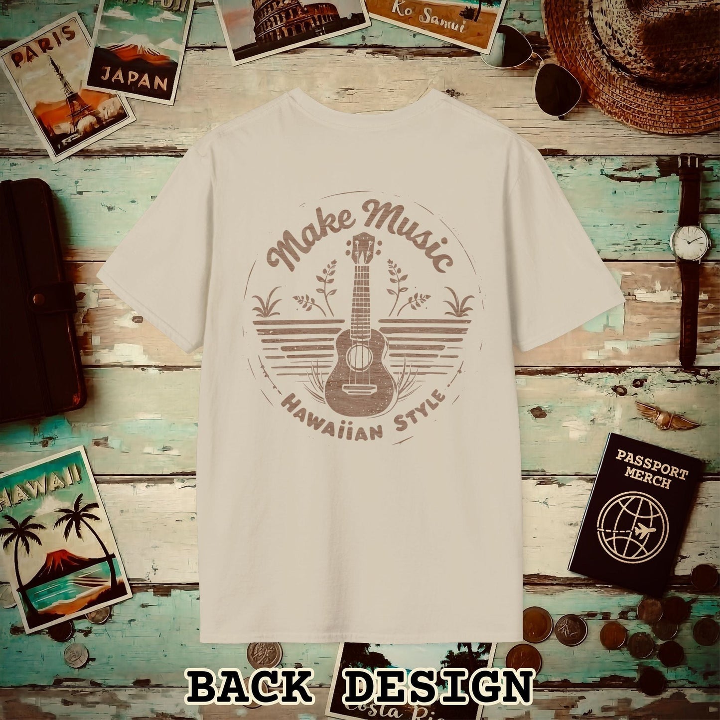 Make Music Hawaiian Style, Back Print T-Shirt Sand / S