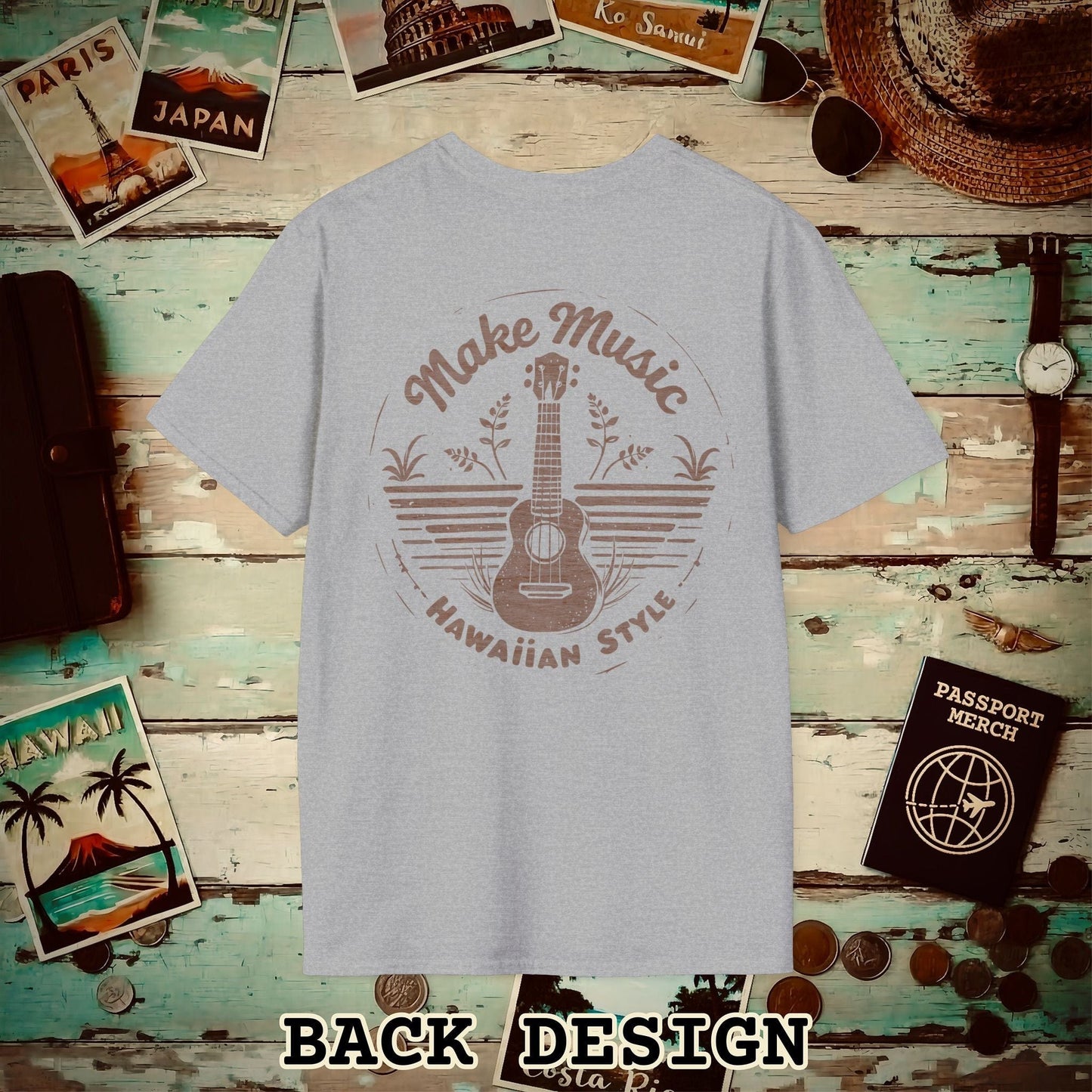 Make Music Hawaiian Style, Back Print T-Shirt Sport Grey / S