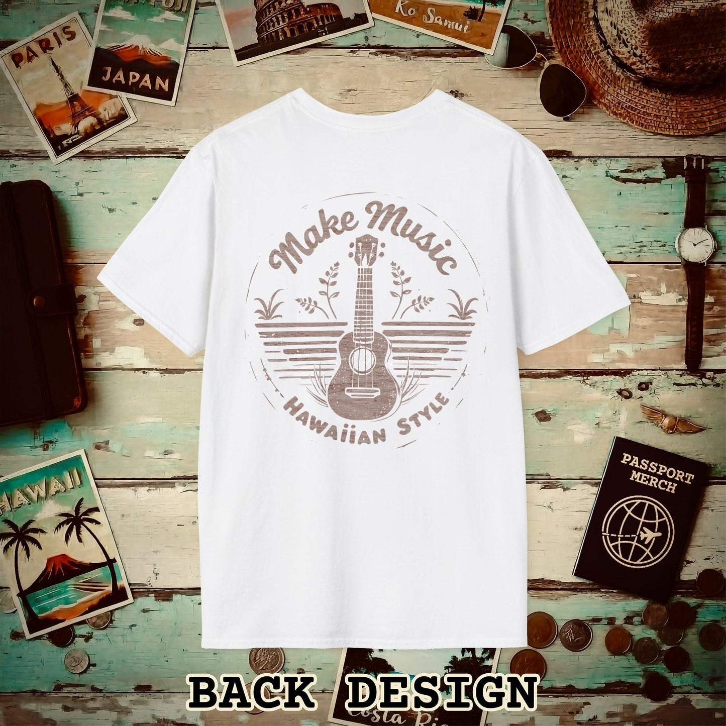 Make Music Hawaiian Style, Back Print T-Shirt White / S