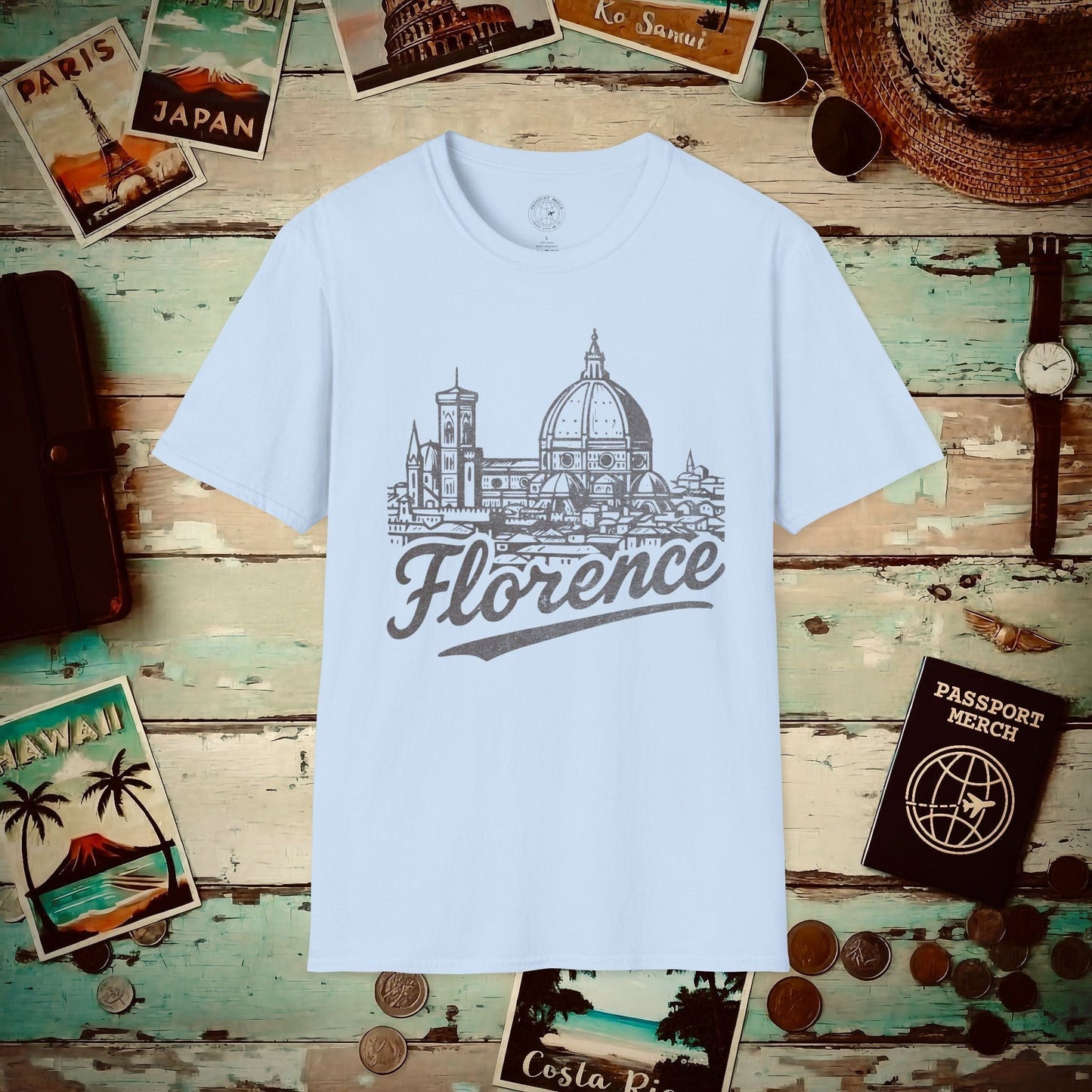 Monochrome Dreams of Florence, Italy T-Shirt Light Blue / S