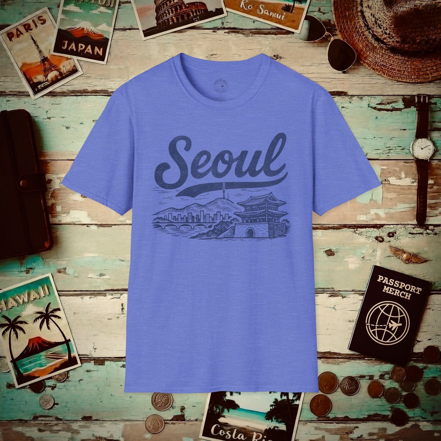 Monochrome Dreams of Seoul Korea T-Shirt Heather Royal / S