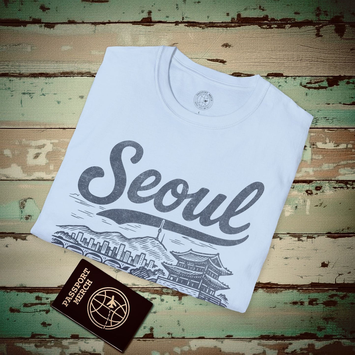 Monochrome Dreams of Seoul Korea T-Shirt Light Blue / S