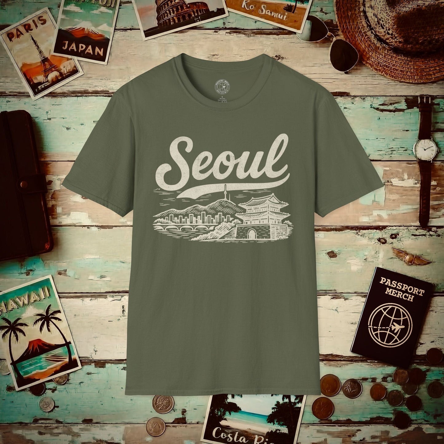 Monochrome Dreams of Seoul Korea T-Shirt Military Green / S