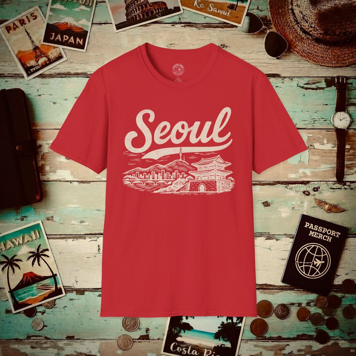 Monochrome Dreams of Seoul Korea T-Shirt Red / S