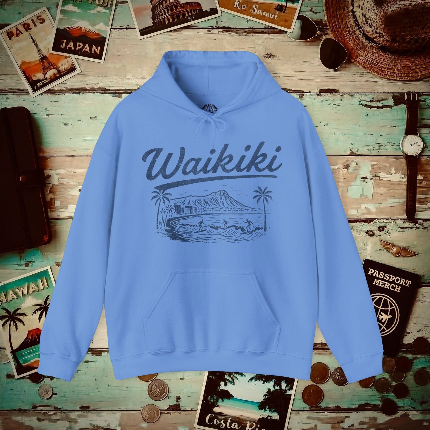 Monochrome Dreams of Waikiki, Hawaii Hoodie Carolina Blue / S
