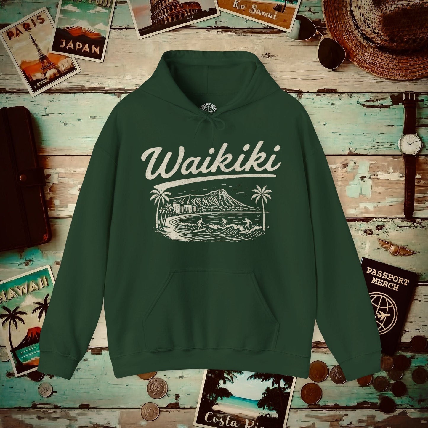 Monochrome Dreams of Waikiki, Hawaii Hoodie Forest Green / S