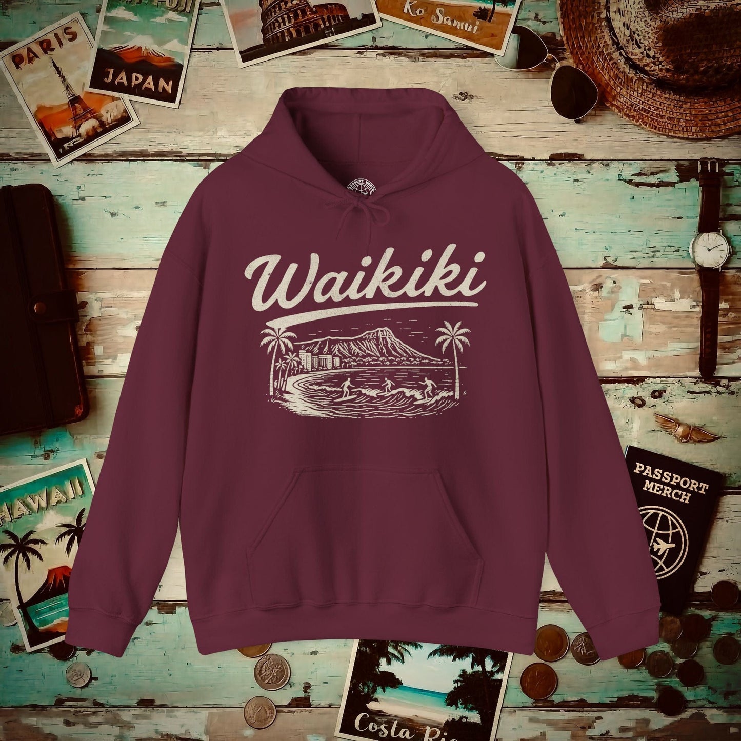 Monochrome Dreams of Waikiki, Hawaii Hoodie Maroon / S