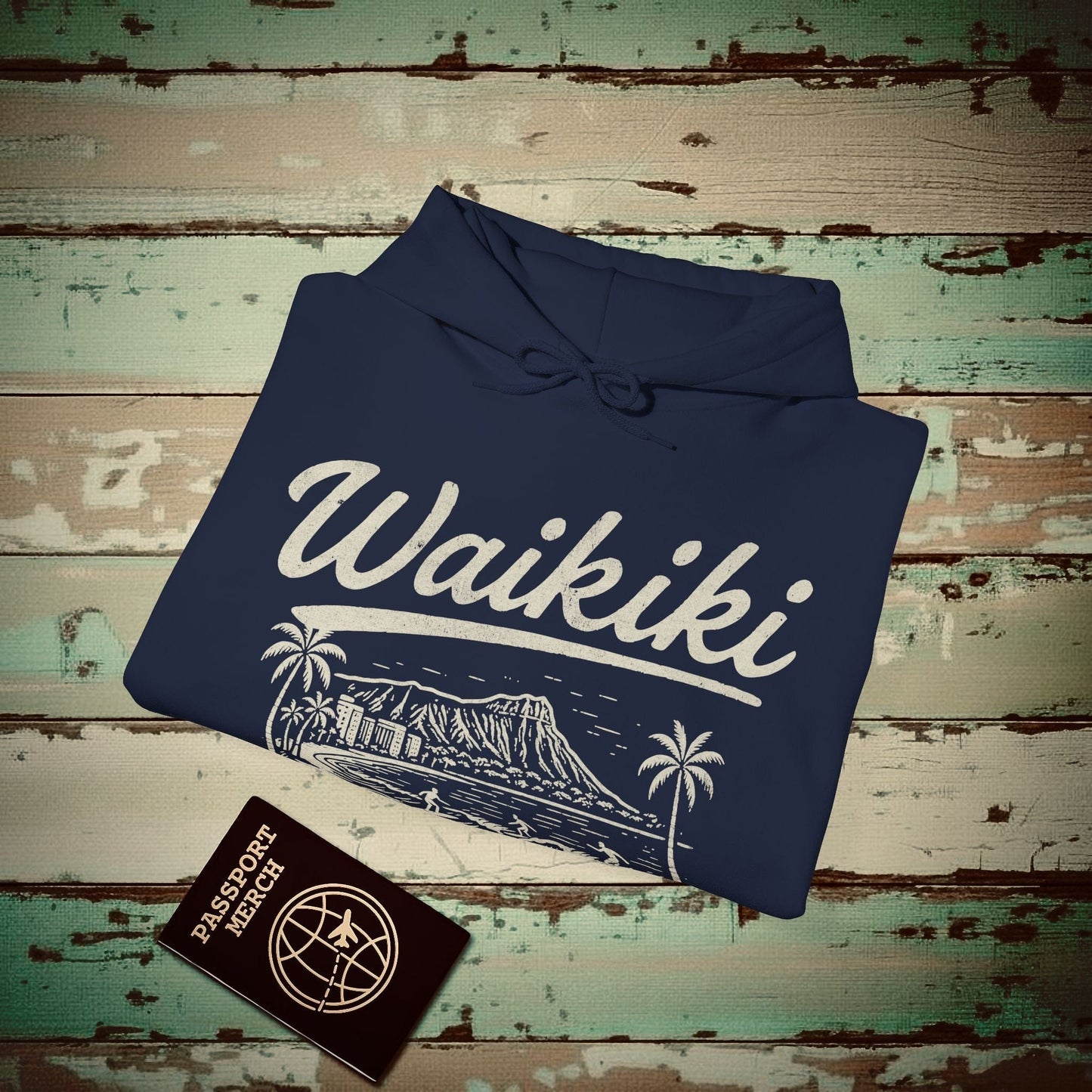 Monochrome Dreams of Waikiki, Hawaii Hoodie Navy / S