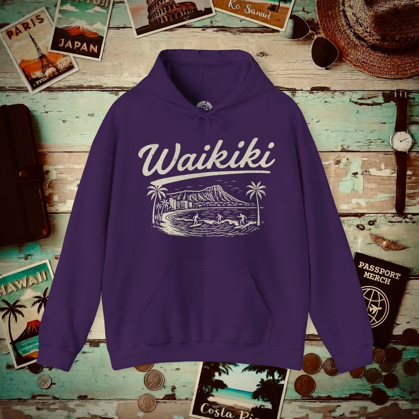 Monochrome Dreams of Waikiki, Hawaii Hoodie Purple / S