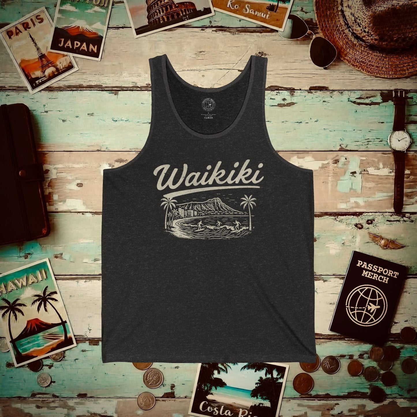 Monochrome Dreams of Waikiki, Hawaii Tank Top Charcoal Black TriBlend / XS