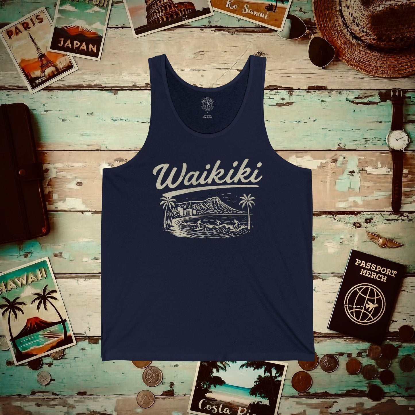 Monochrome Dreams of Waikiki, Hawaii Tank Top Navy / XS