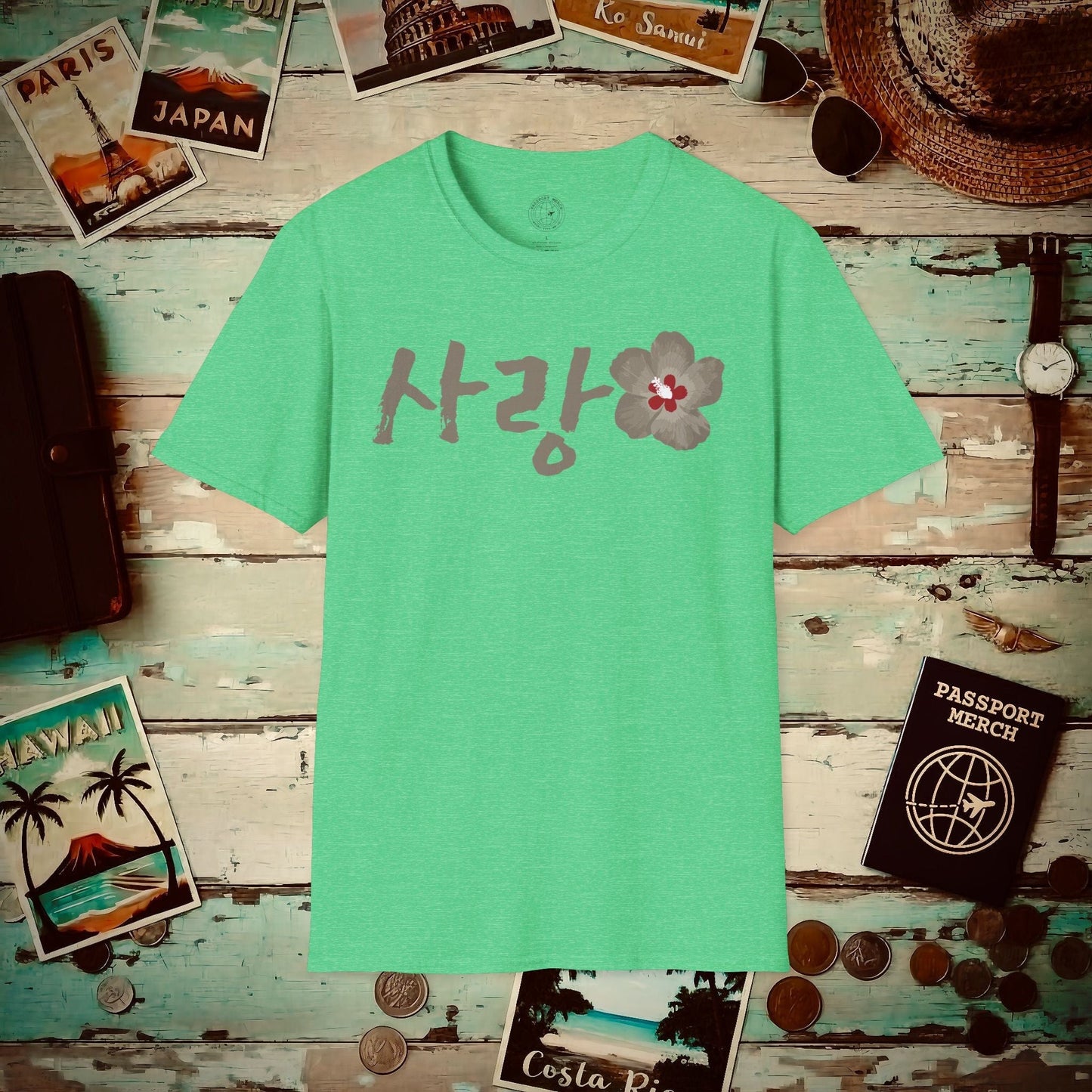 Monochrome Mugunghwa Sarang, Korea T-Shirt Heather Irish Green / S