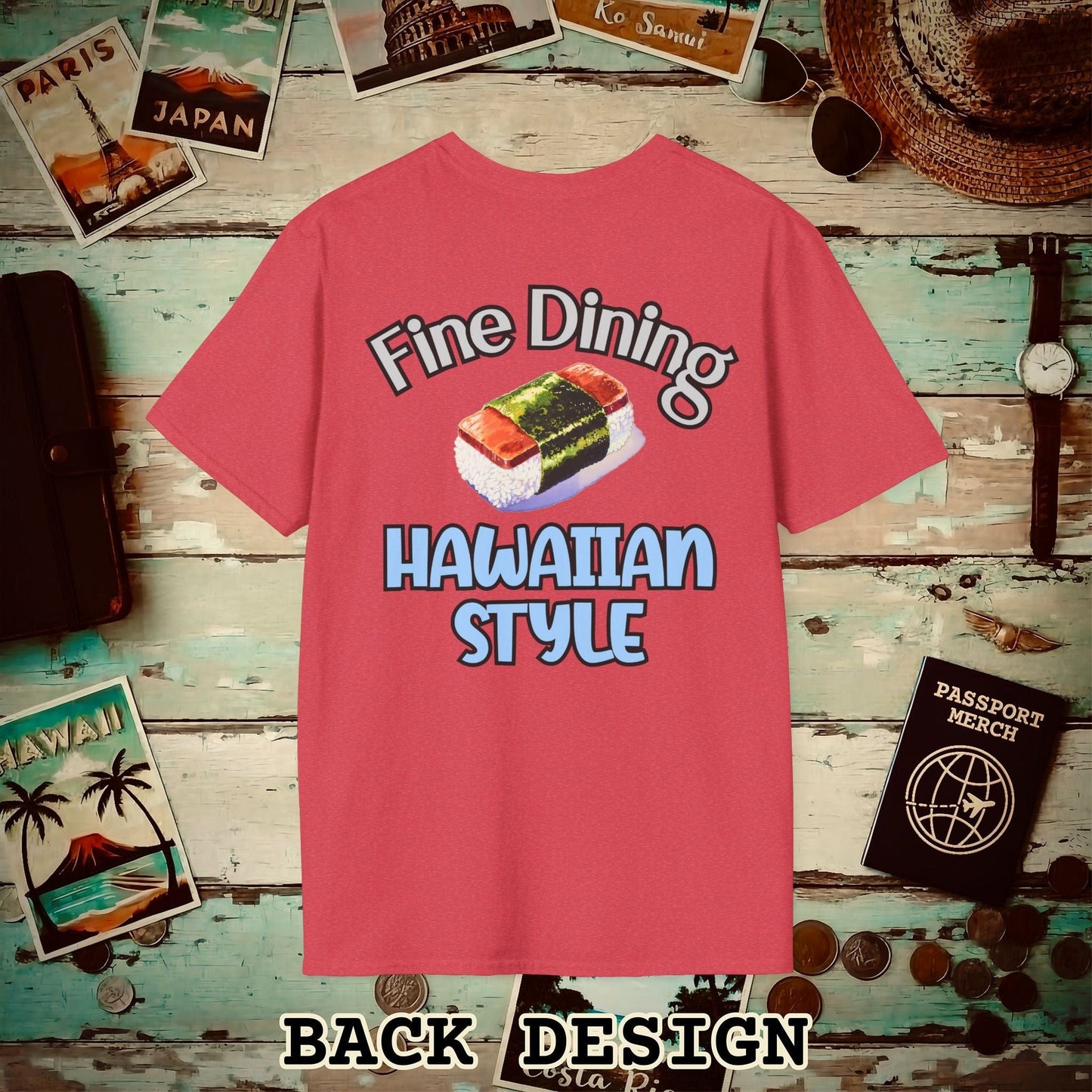Musubi Fine Dining Hawaiian Style, Back Print T-Shirt Heather Red / S