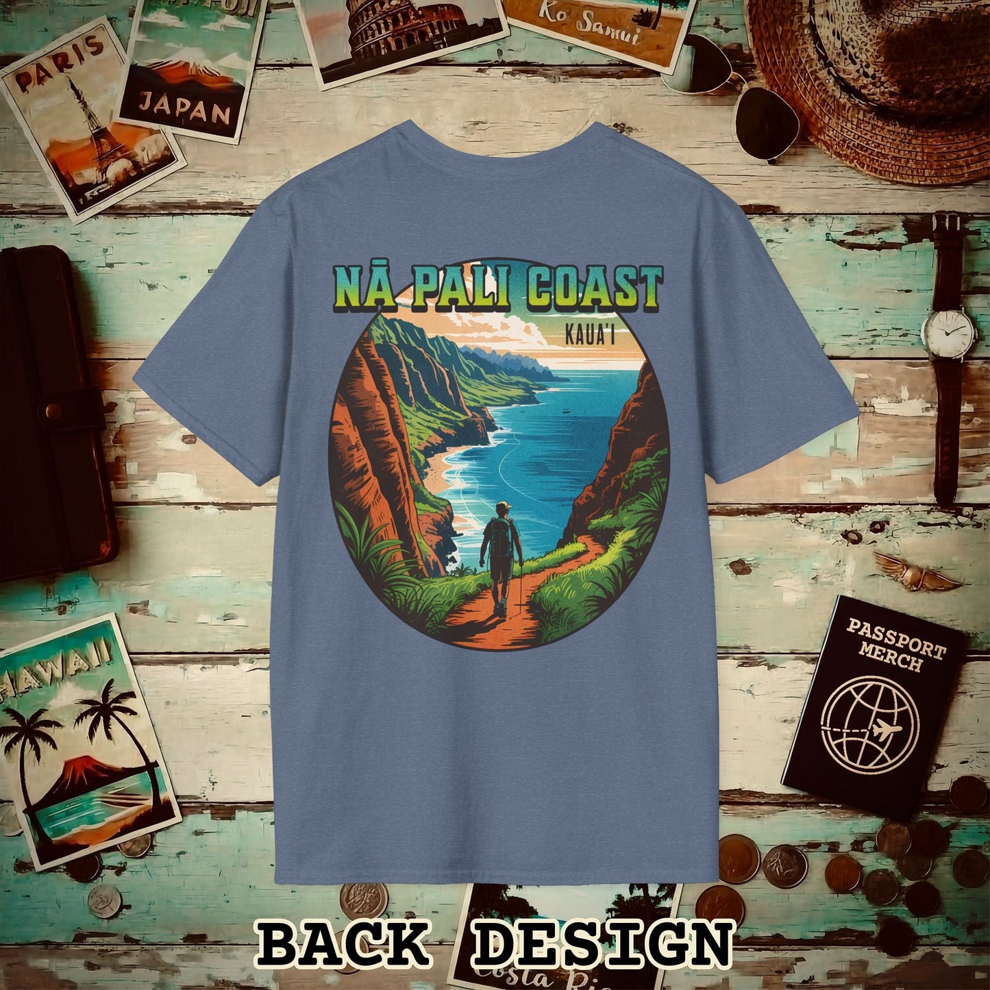 Napali Coast, Kauai, Hawaii, Back Print T-Shirt Heather Indigo / S