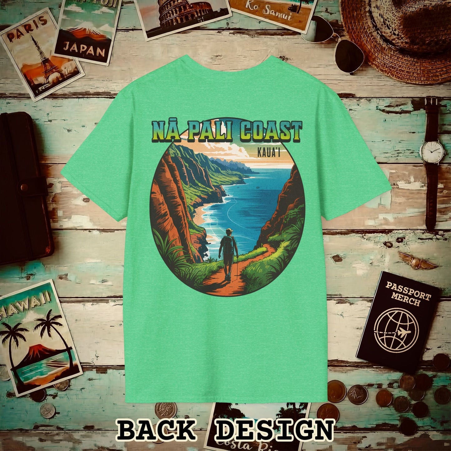 Napali Coast, Kauai, Hawaii, Back Print T-Shirt Heather Irish Green / S