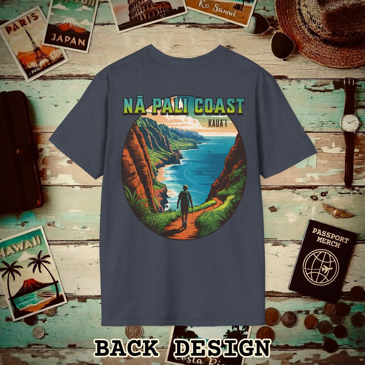 Napali Coast, Kauai, Hawaii, Back Print T-Shirt Heather Navy / S