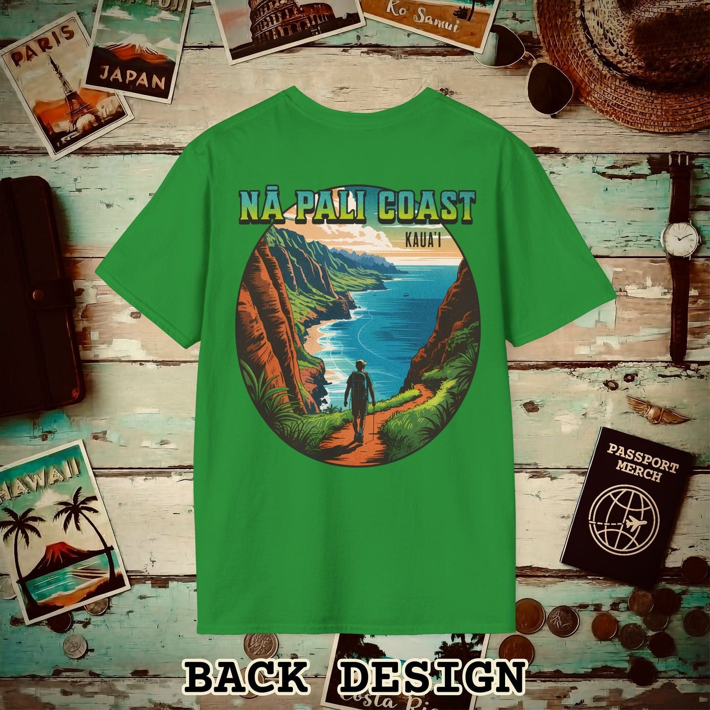 Napali Coast, Kauai, Hawaii, Back Print T-Shirt Irish Green / S