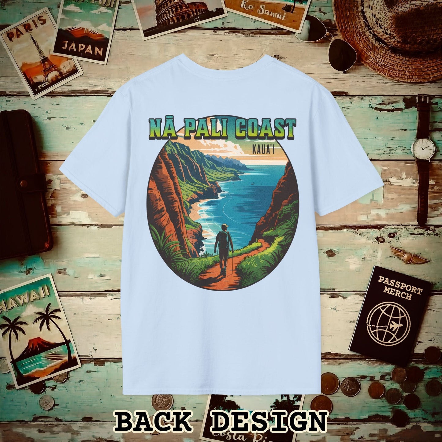 Napali Coast, Kauai, Hawaii, Back Print T-Shirt Light Blue / S