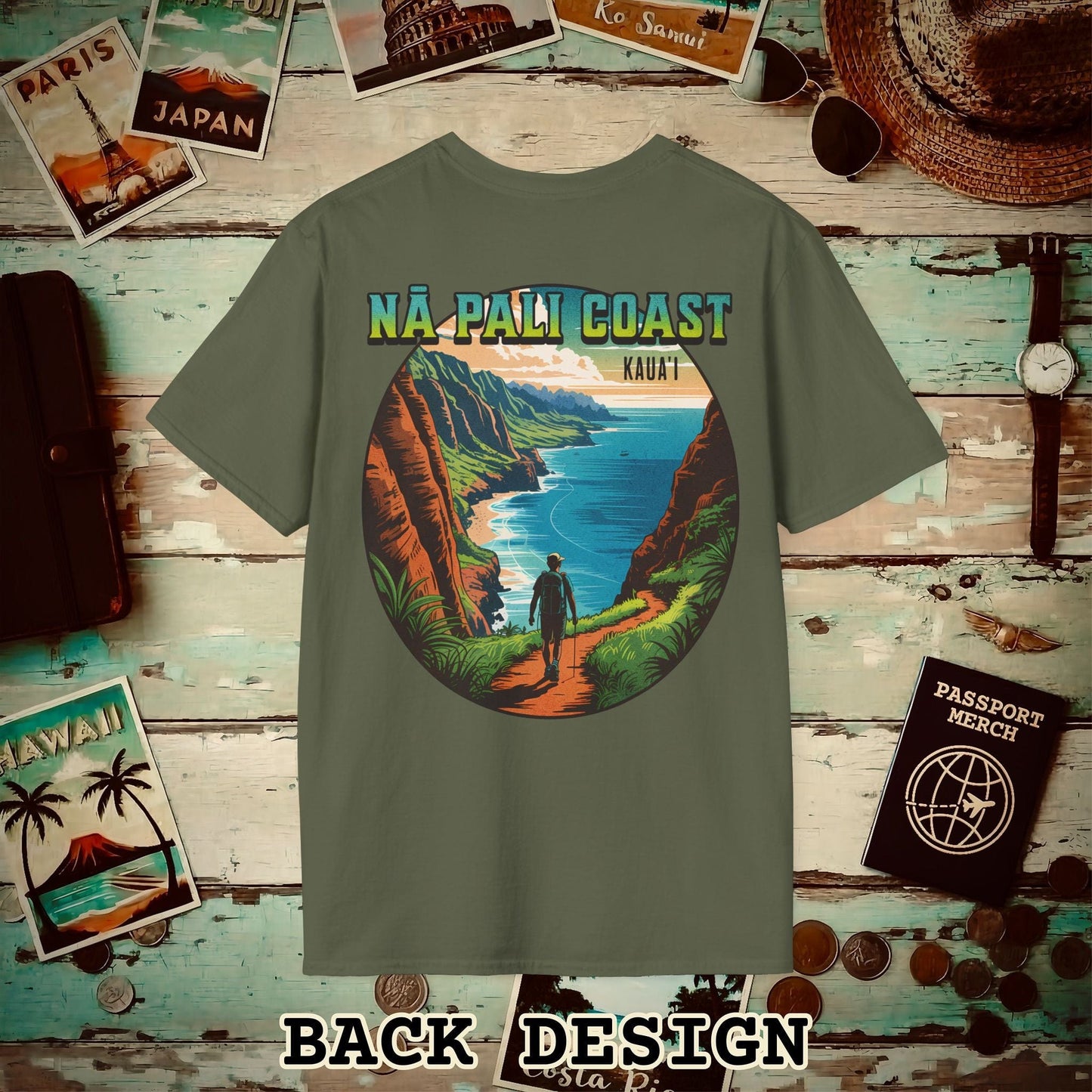 Napali Coast, Kauai, Hawaii, Back Print T-Shirt Military Green / S