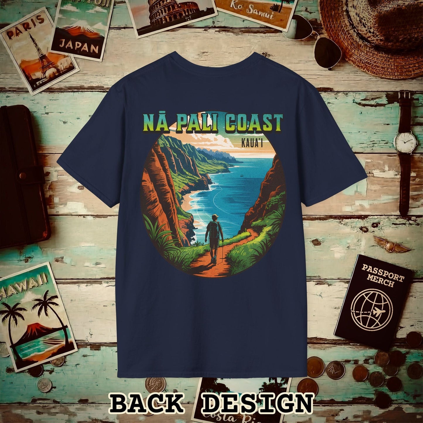 Napali Coast, Kauai, Hawaii, Back Print T-Shirt Navy / S
