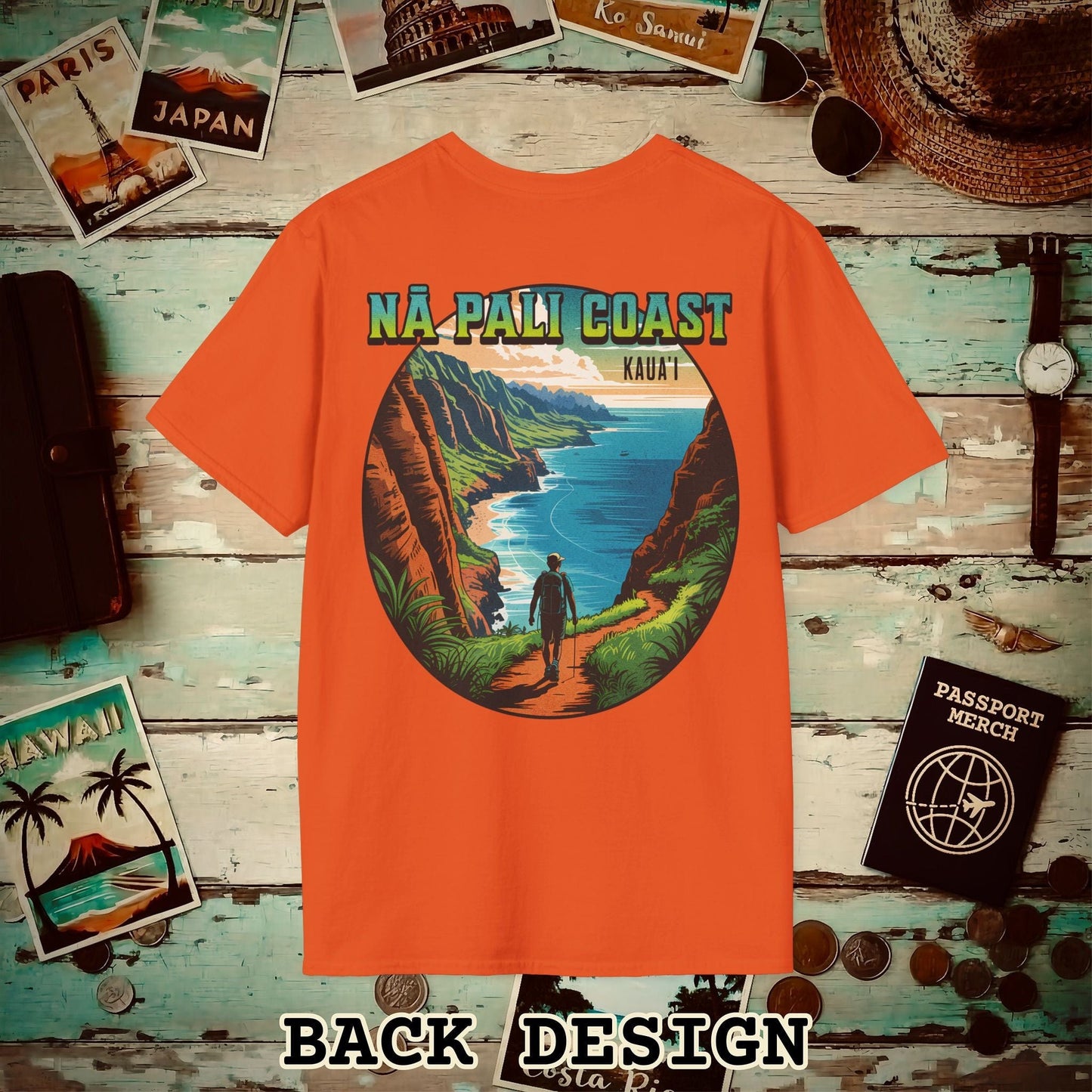 Napali Coast, Kauai, Hawaii, Back Print T-Shirt Orange / S
