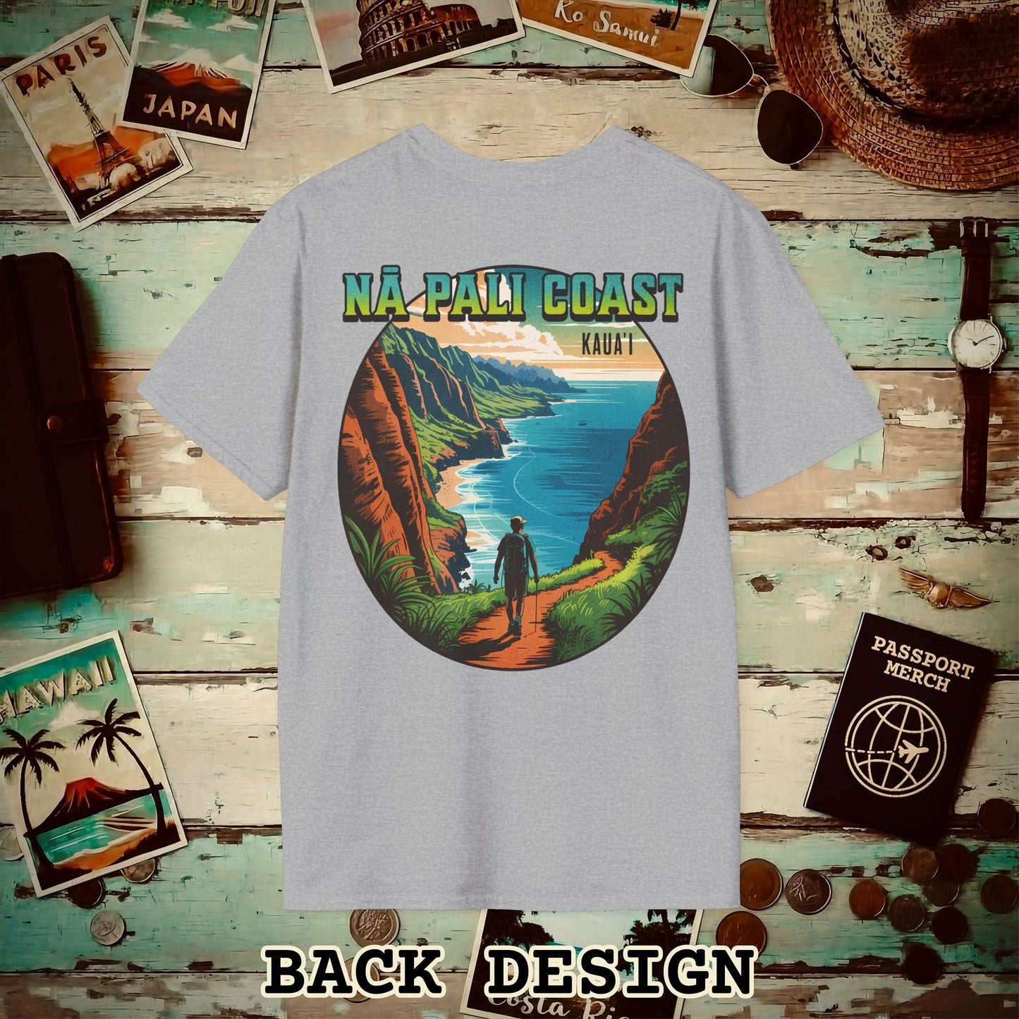 Napali Coast, Kauai, Hawaii, Back Print T-Shirt Sport Grey / S