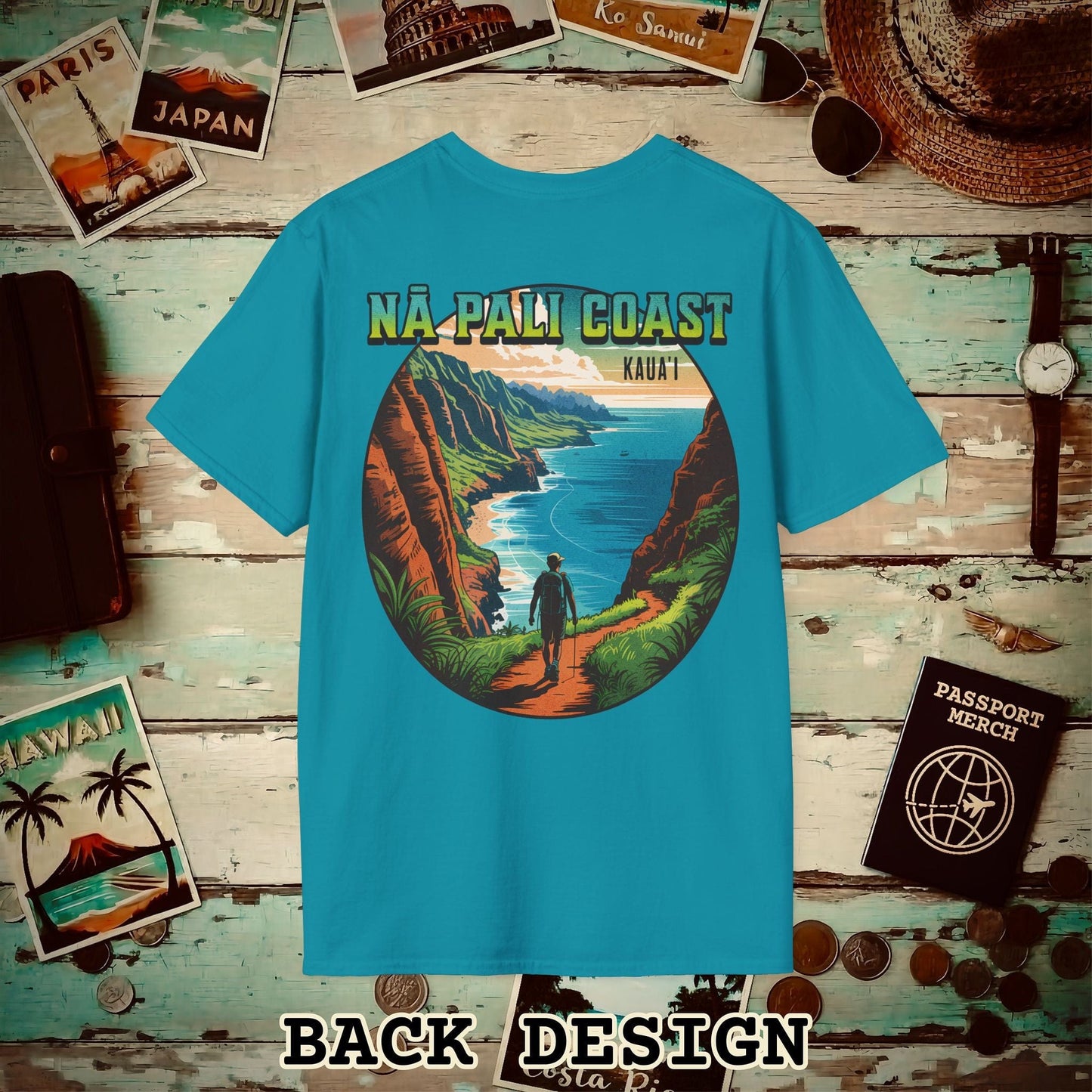 Napali Coast, Kauai, Hawaii, Back Print T-Shirt Tropical Blue / S