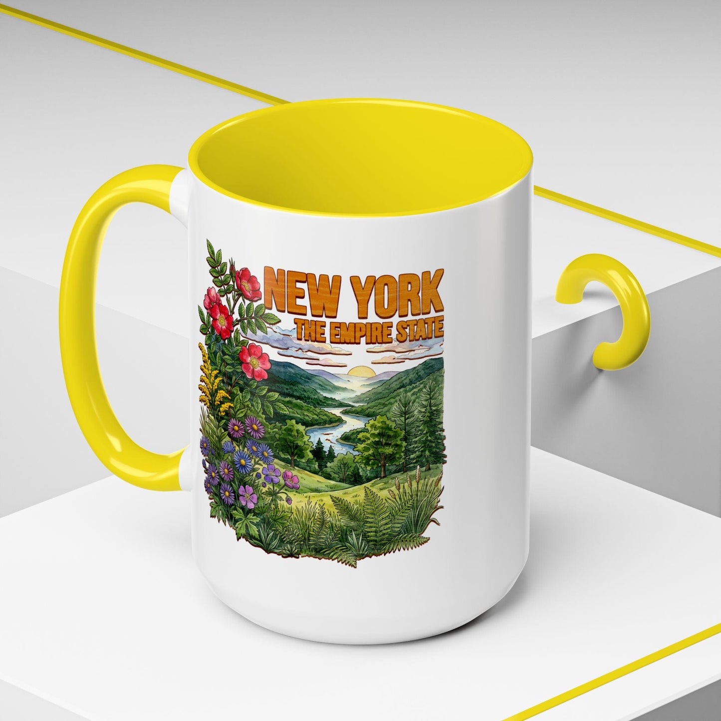 New York Flowers in Watercolored Oak 15oz Mug Yellow / 15oz