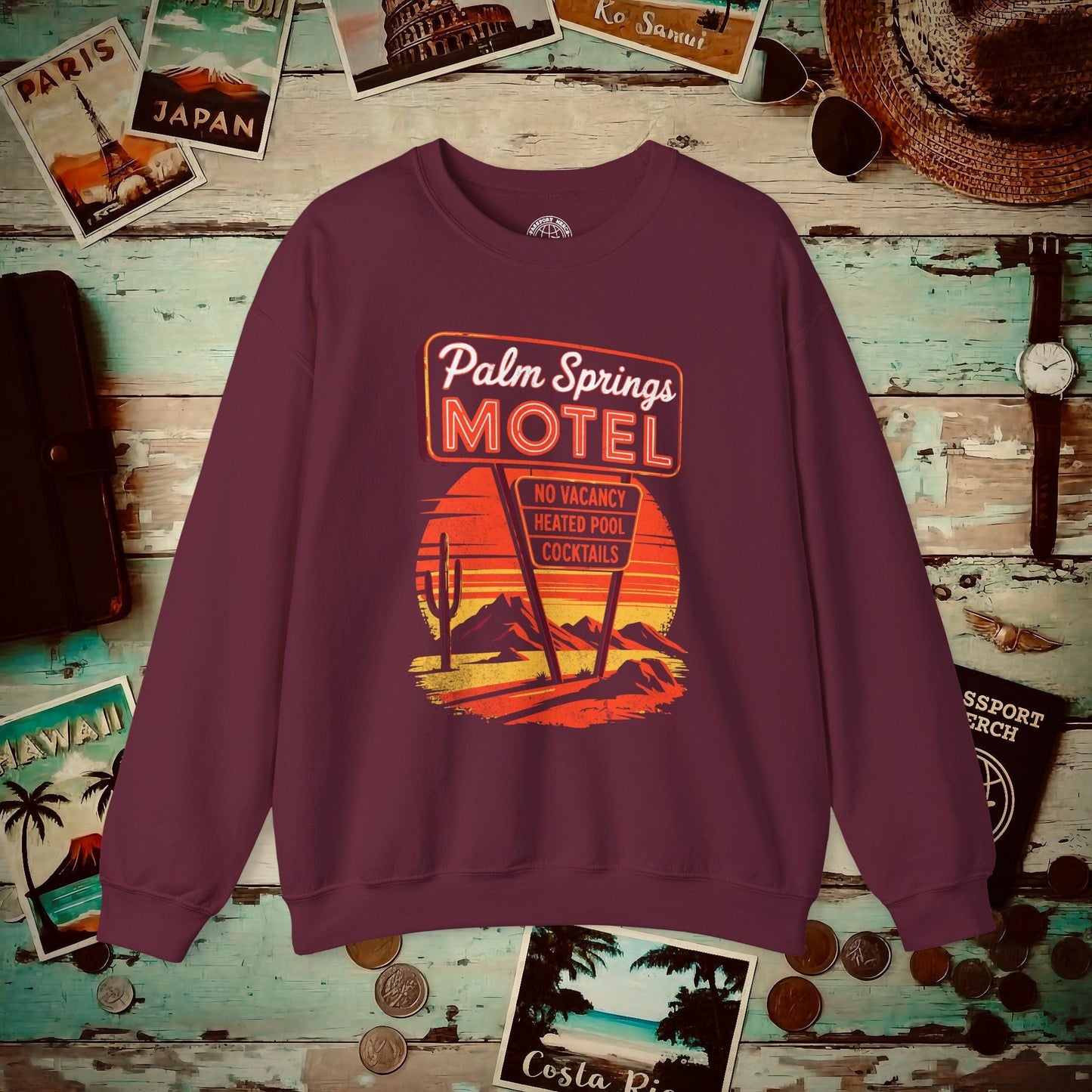 No Vacancy, Palm Springs, California Crewneck Maroon / S