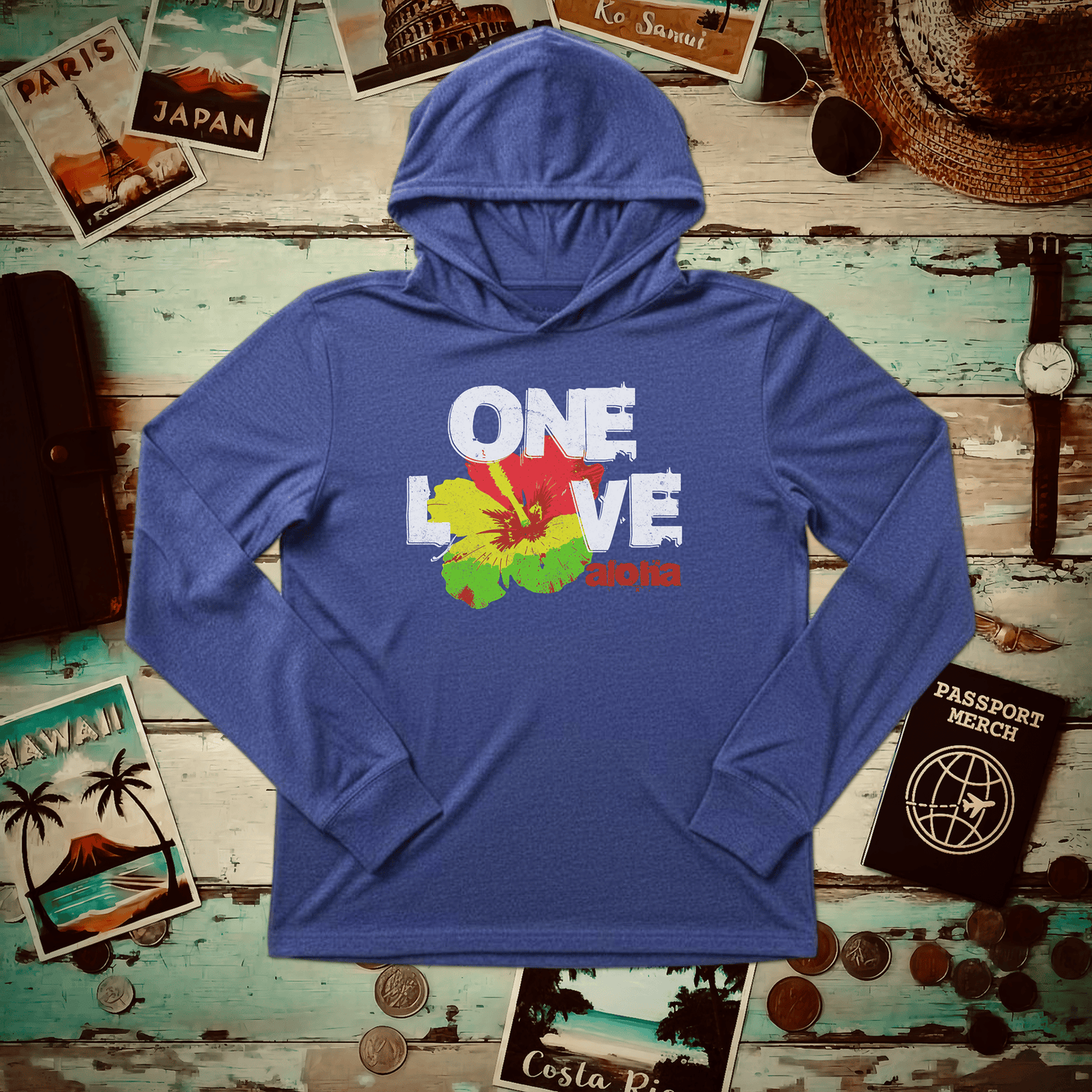 One Love, Aloha, Hawaii Hooded Long Sleeve Heather True Royal / XS