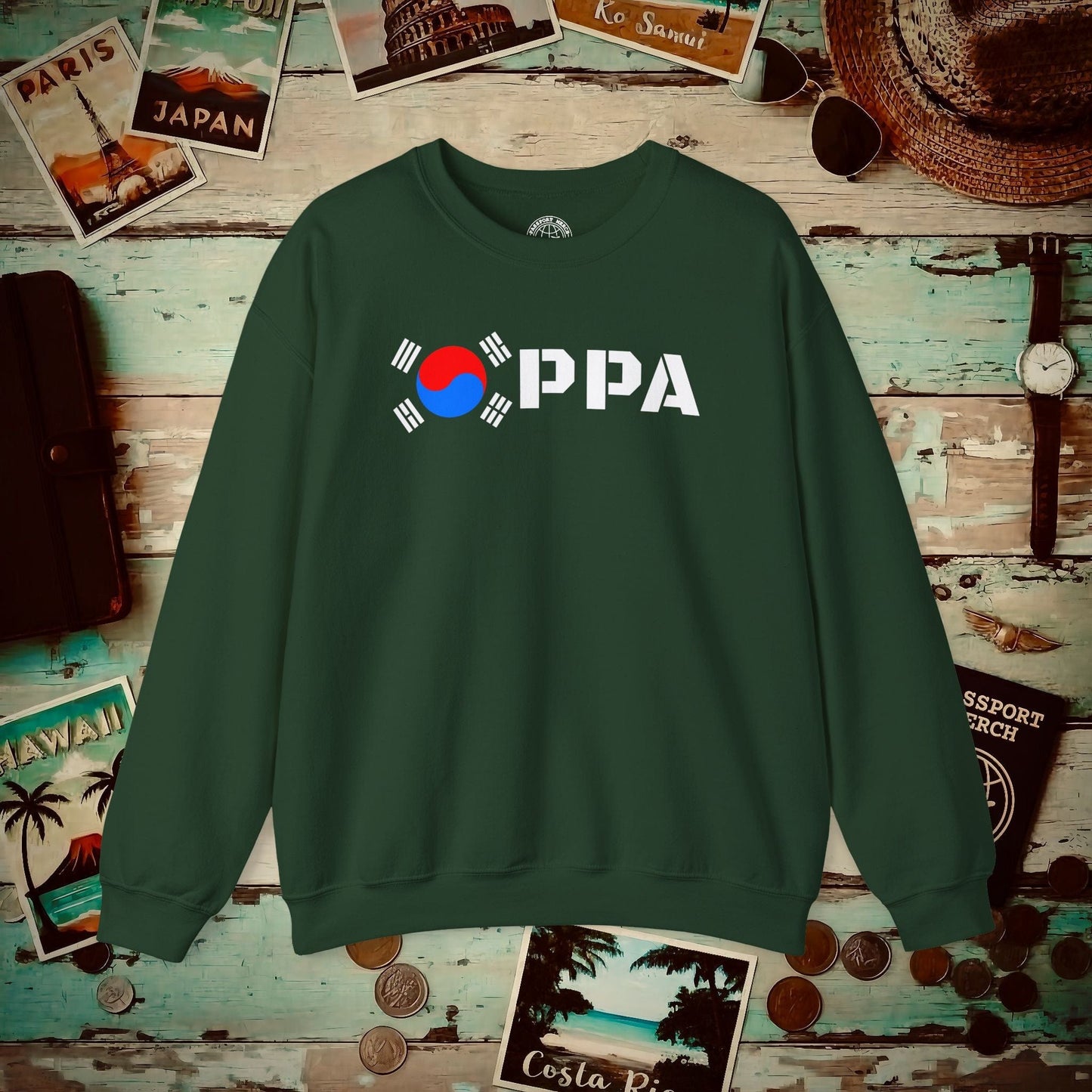 Oppa Flag, Korea Crewneck Forest Green / S