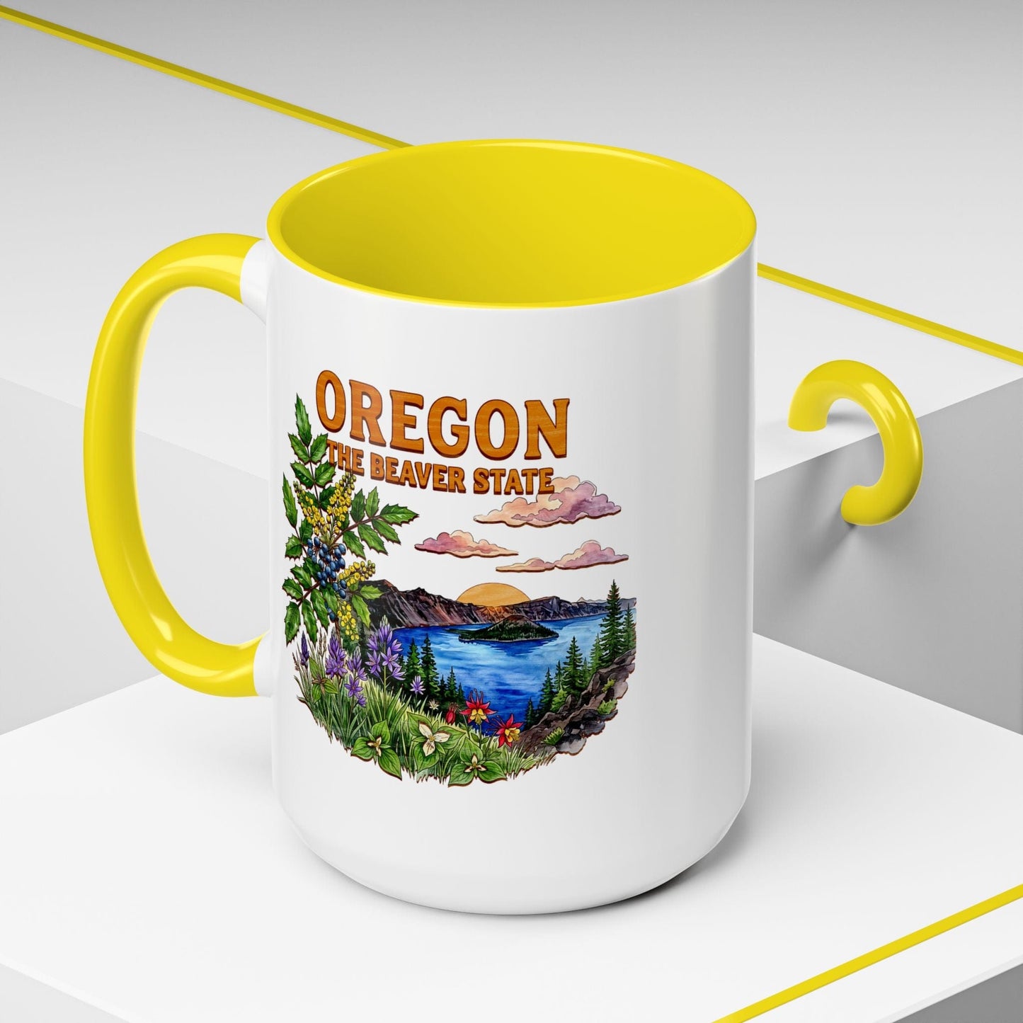 Oregon Flowers in Watercolored Oak 15oz Mug Yellow / 15oz