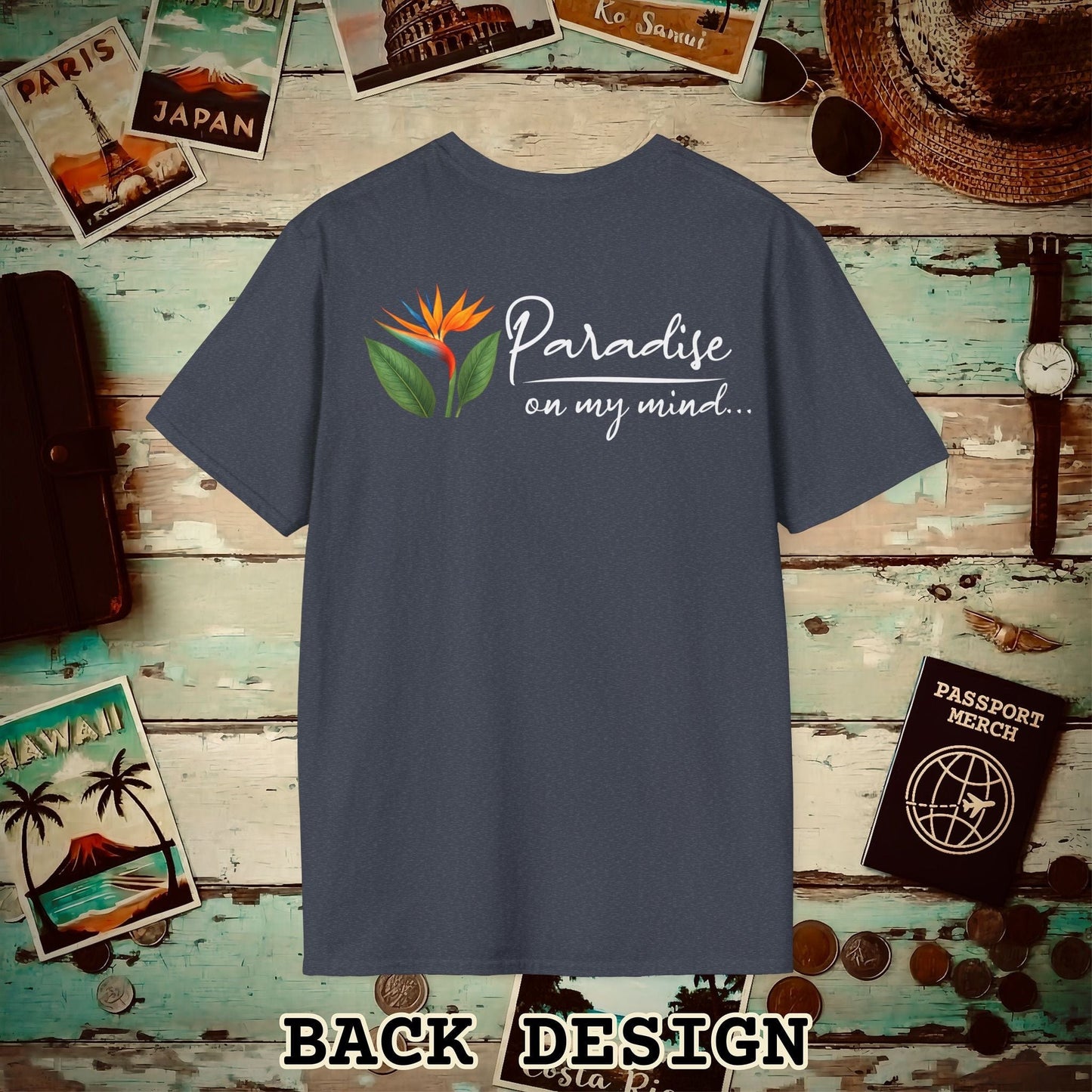 Paradise on My Mind, Hawaii, Back Print T-Shirt Heather Navy / S
