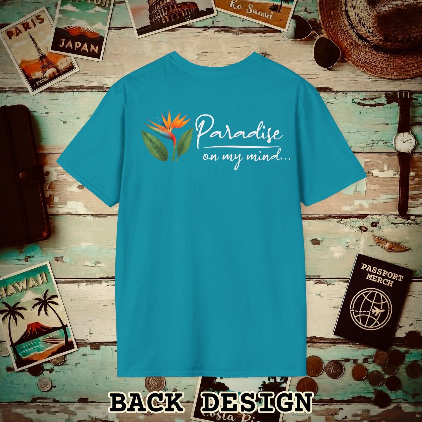 Paradise on My Mind, Hawaii, Back Print T-Shirt Tropical Blue / S