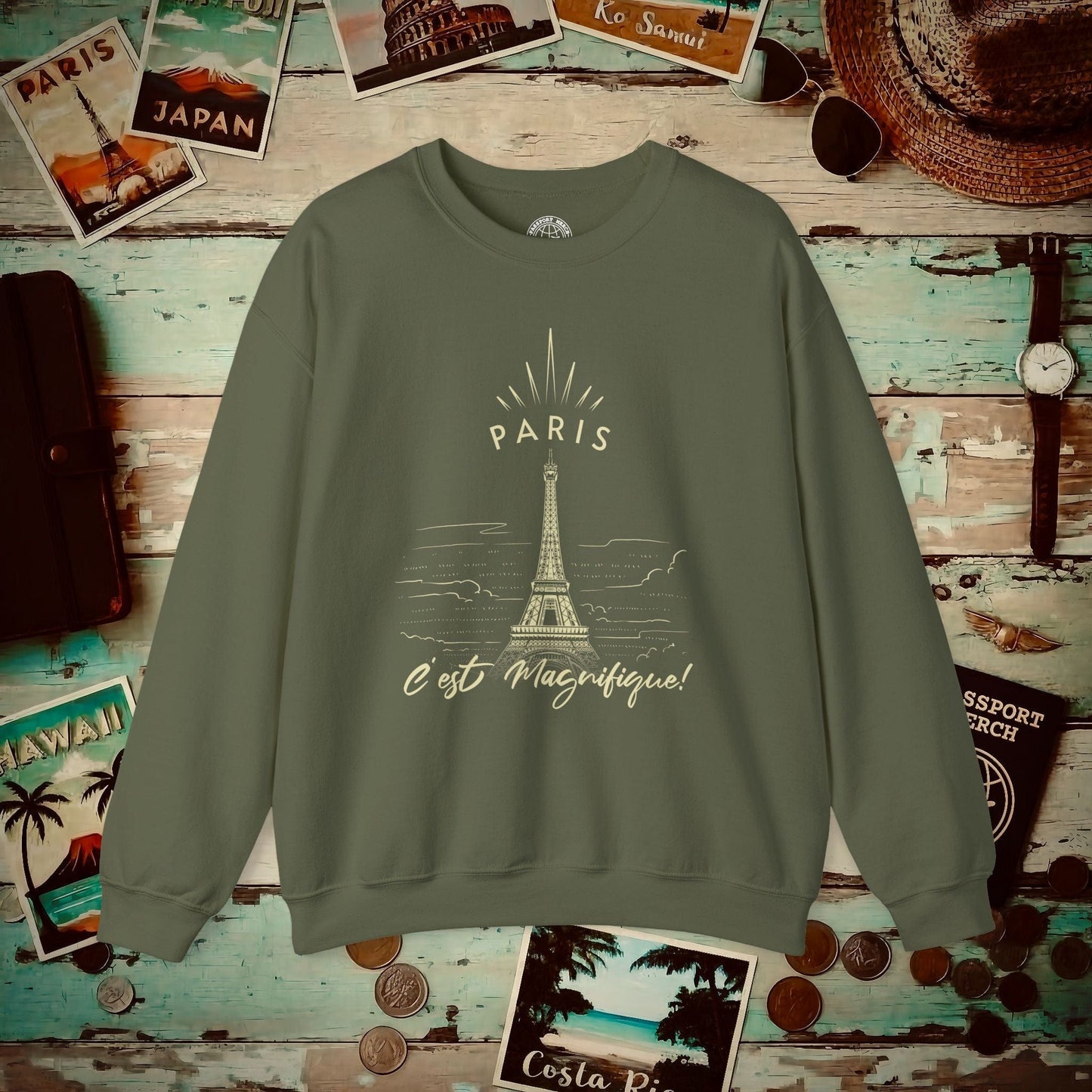 Paris C'est Magnifique France Crewneck Military Green / S