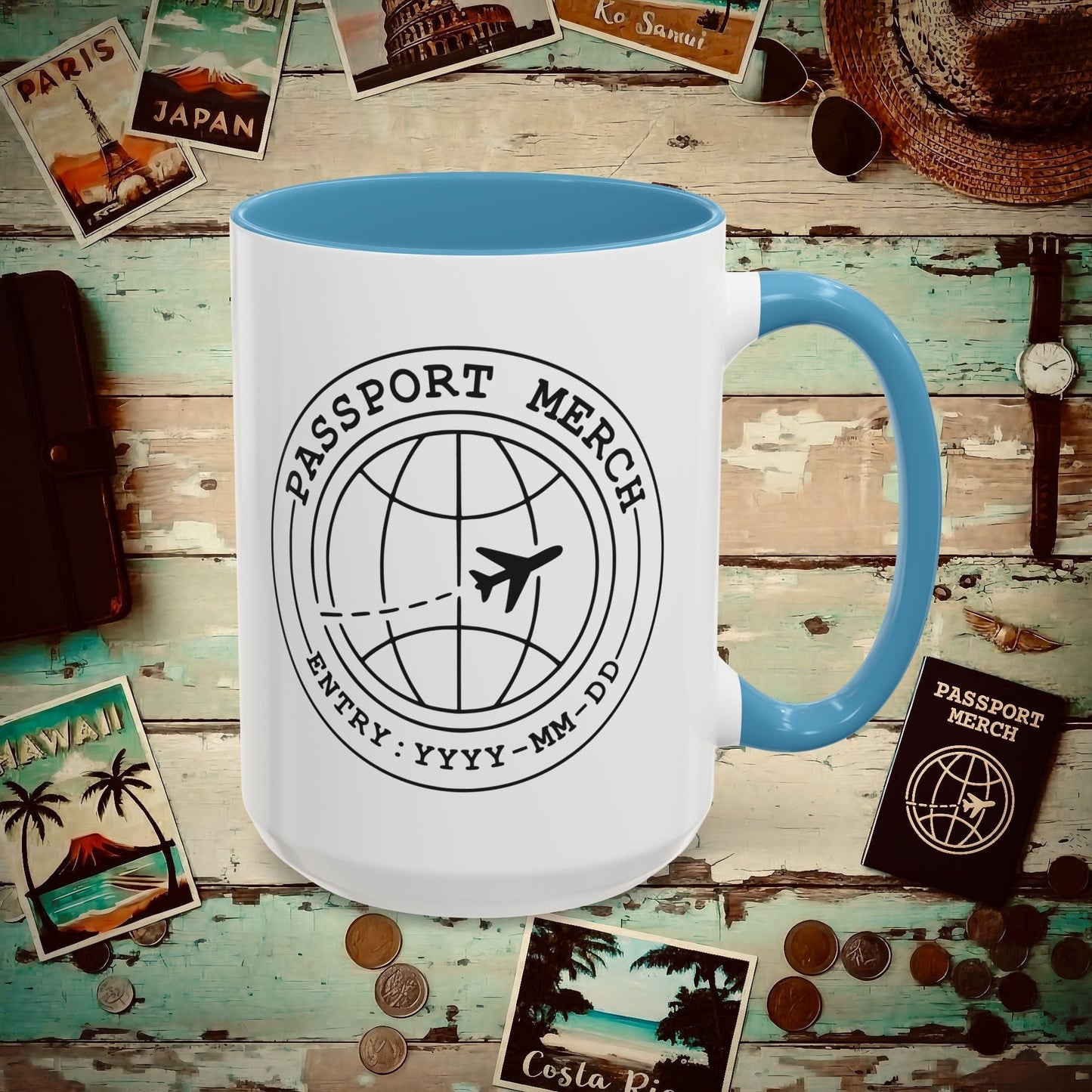 Passport Merch, Entry YYYY-MM-DD Brand Logo 15oz Mug Light Blue / 15oz