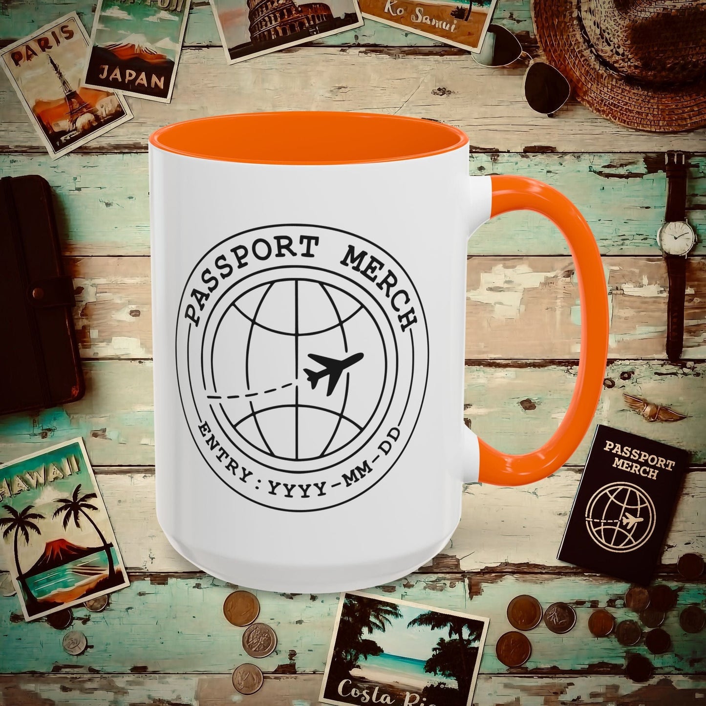 Passport Merch, Entry YYYY-MM-DD Brand Logo 15oz Mug Orange / 15oz