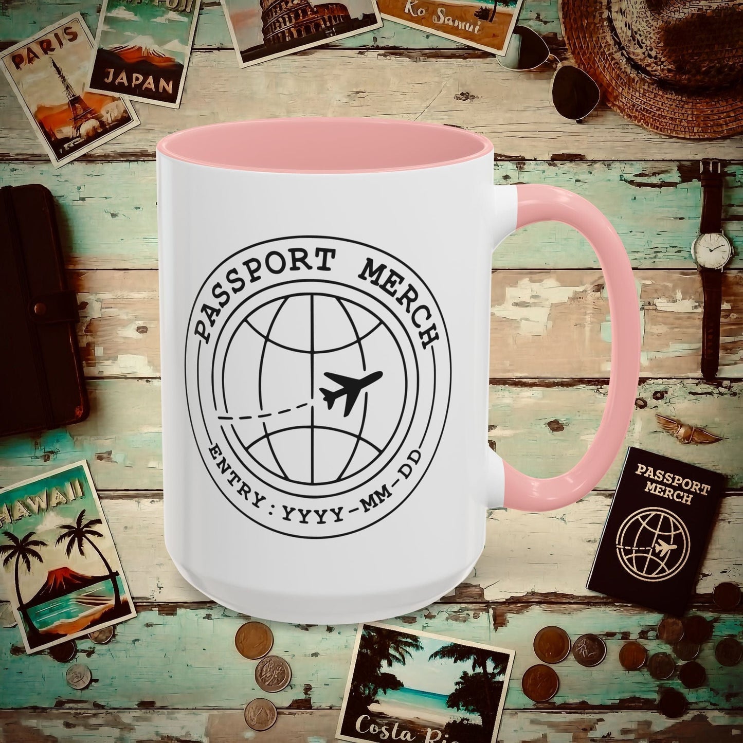 Passport Merch, Entry YYYY-MM-DD Brand Logo 15oz Mug Pink / 15oz