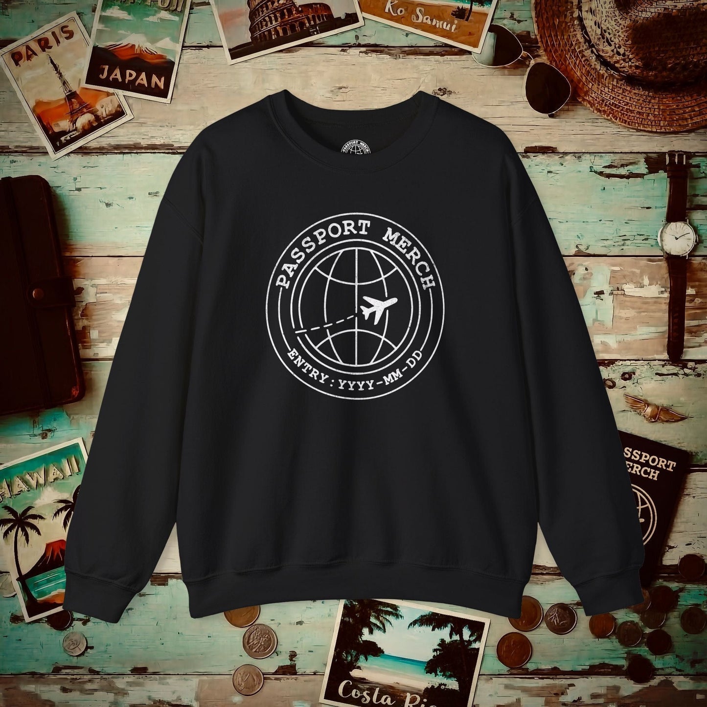 Passport Merch, Entry YYYY-MM-DD Brand Logo Crewneck Black / S