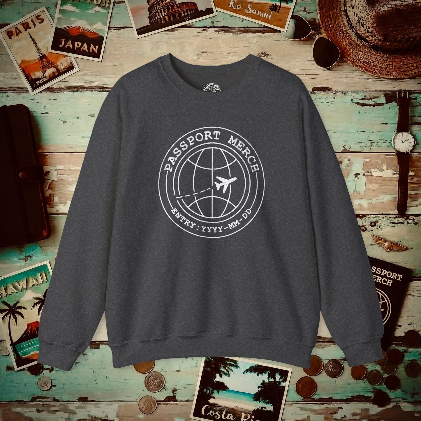Passport Merch, Entry YYYY-MM-DD Brand Logo Crewneck Dark Heather / S