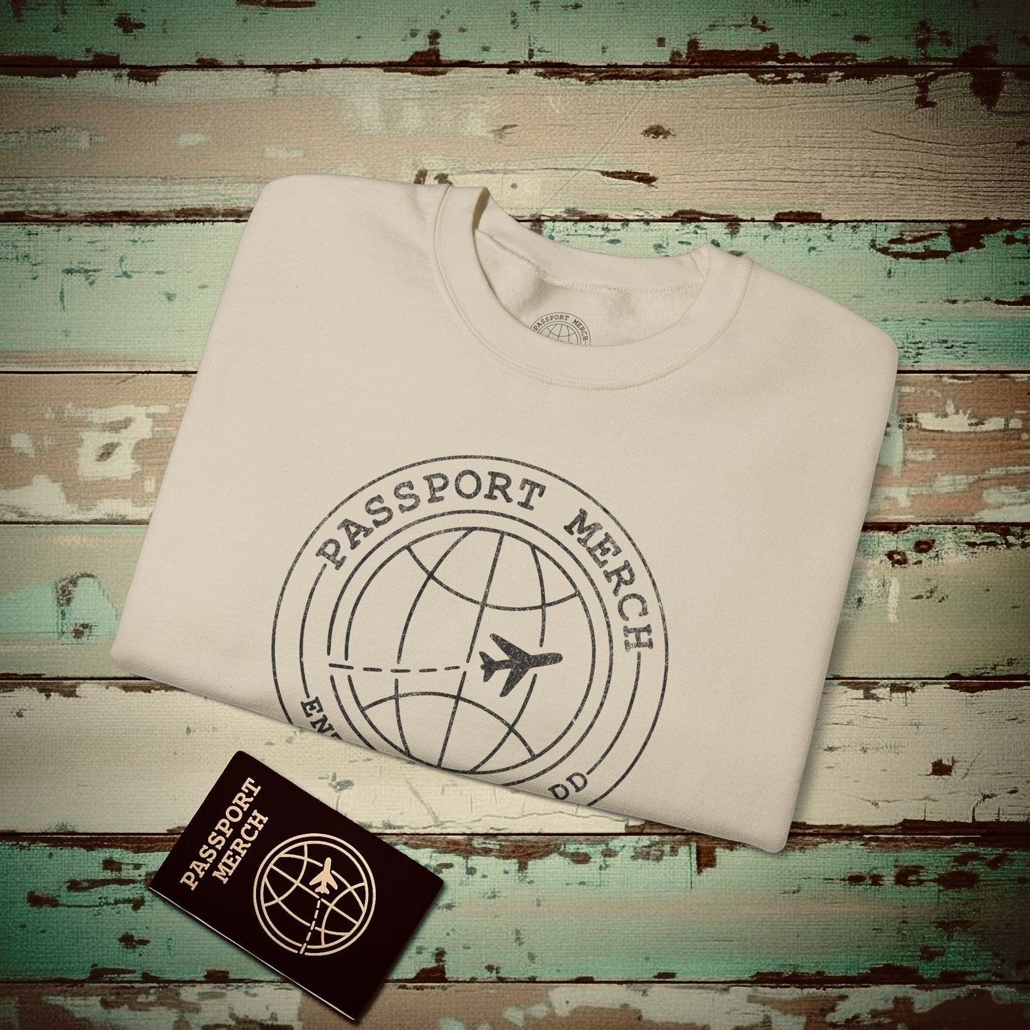 Passport Merch, Entry YYYY-MM-DD Brand Logo Crewneck Sand / S