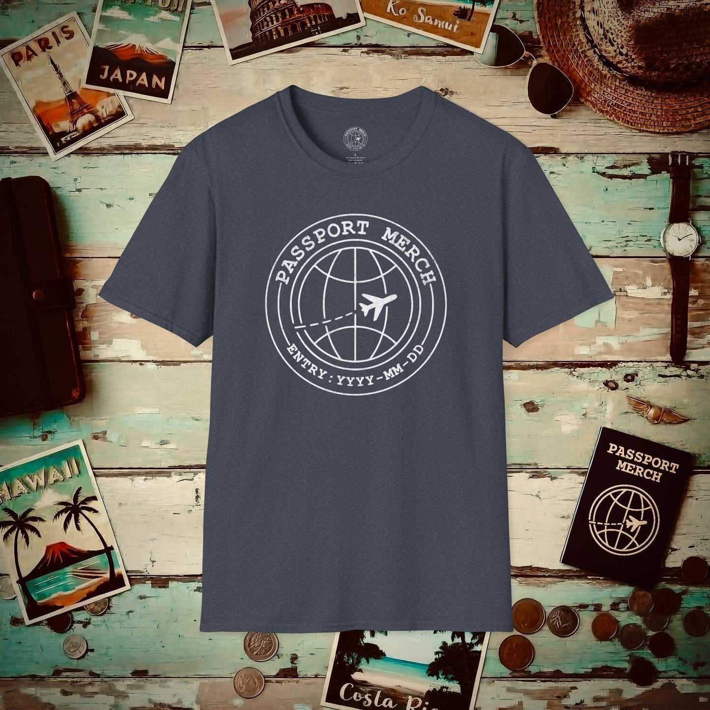 Passport Merch, Entry YYYY-MM-DD Brand Logo T-Shirt Heather Navy / S
