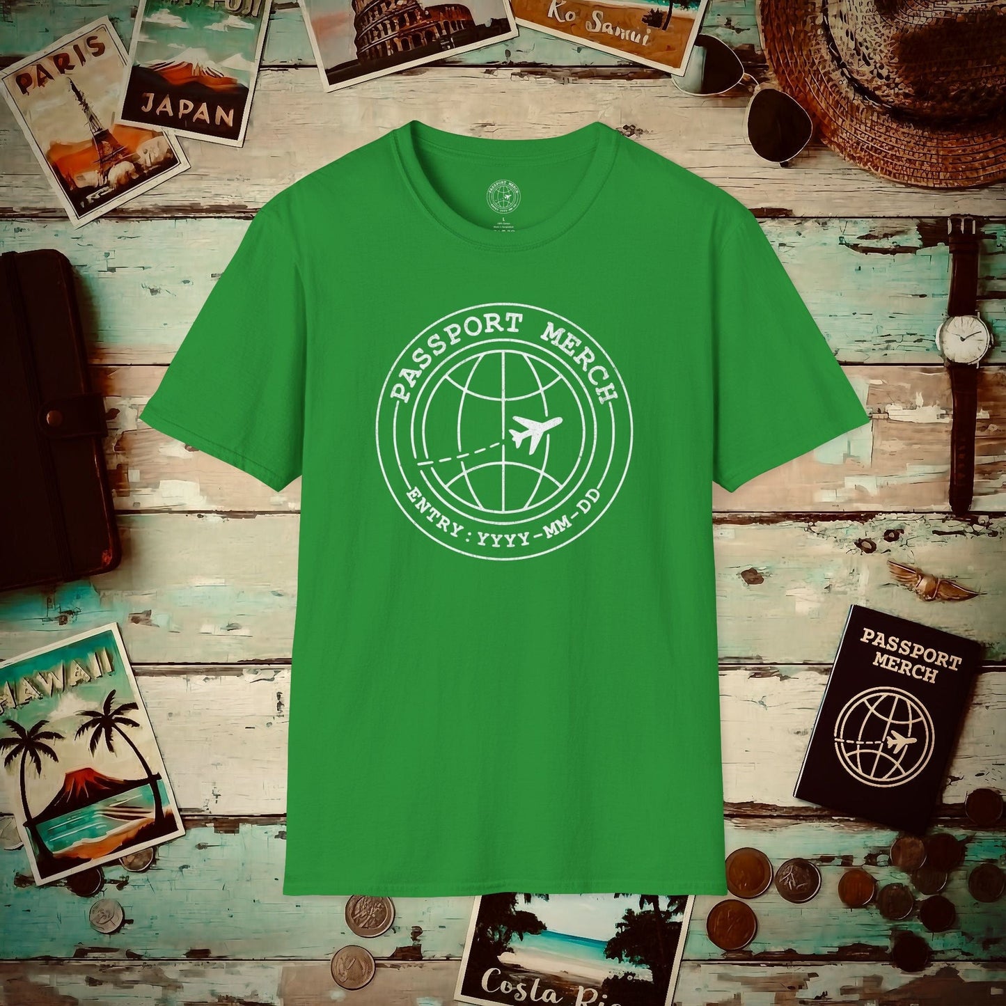 Passport Merch, Entry YYYY-MM-DD Brand Logo T-Shirt Irish Green / S