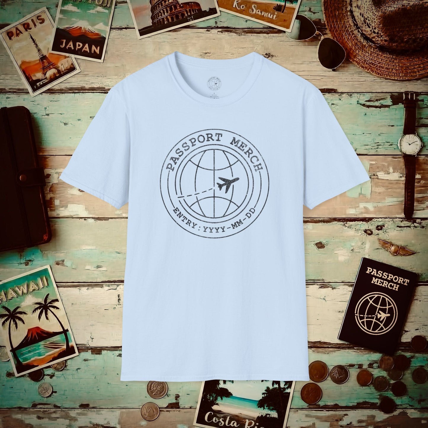 Passport Merch, Entry YYYY-MM-DD Brand Logo T-Shirt Light Blue / S