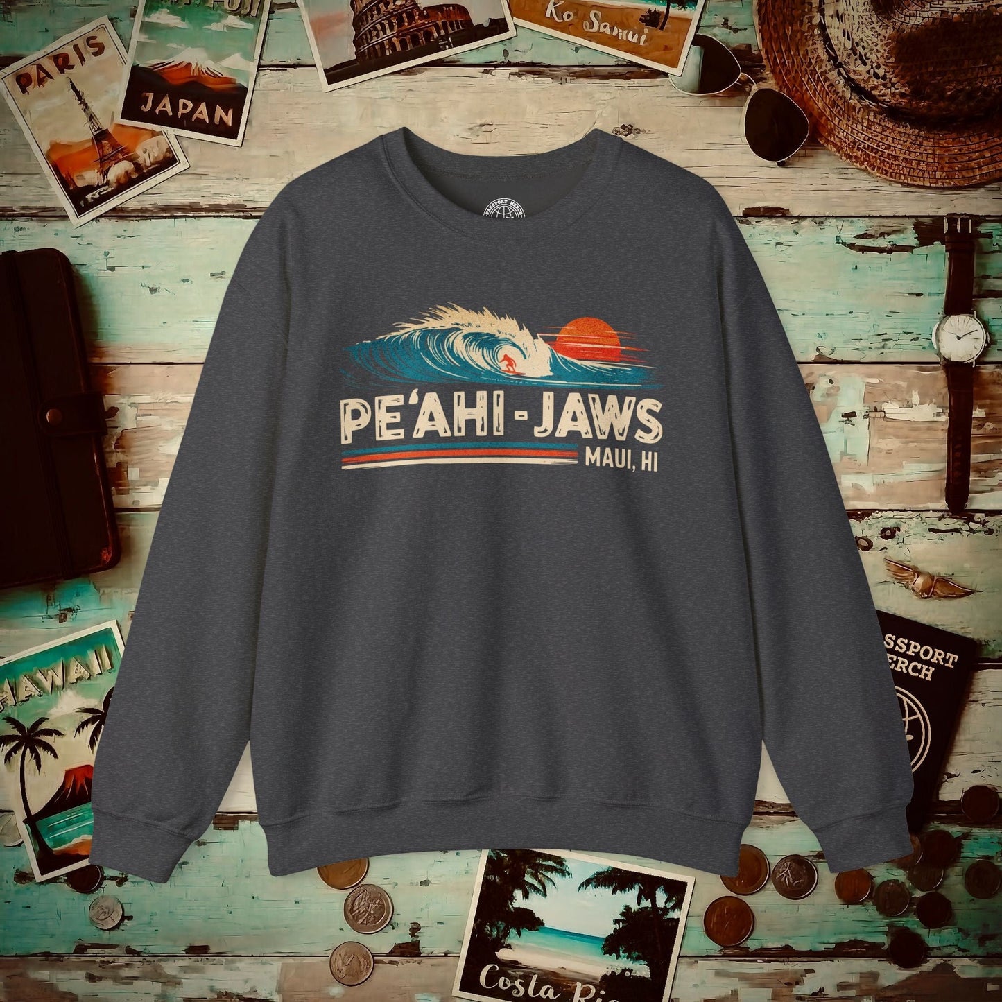 Peahi Jaws, Maui, Hawaii - Vibrant Surf Retro Crewneck Dark Heather / S