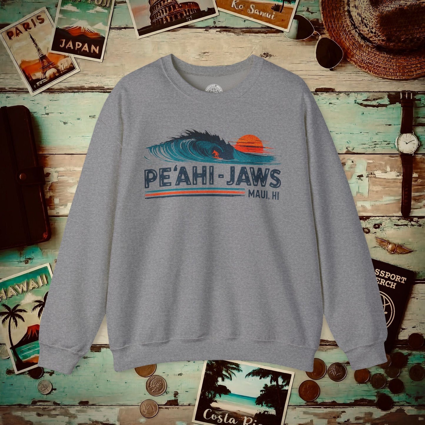 Peahi Jaws, Maui, Hawaii - Vibrant Surf Retro Crewneck Graphite Heather / S