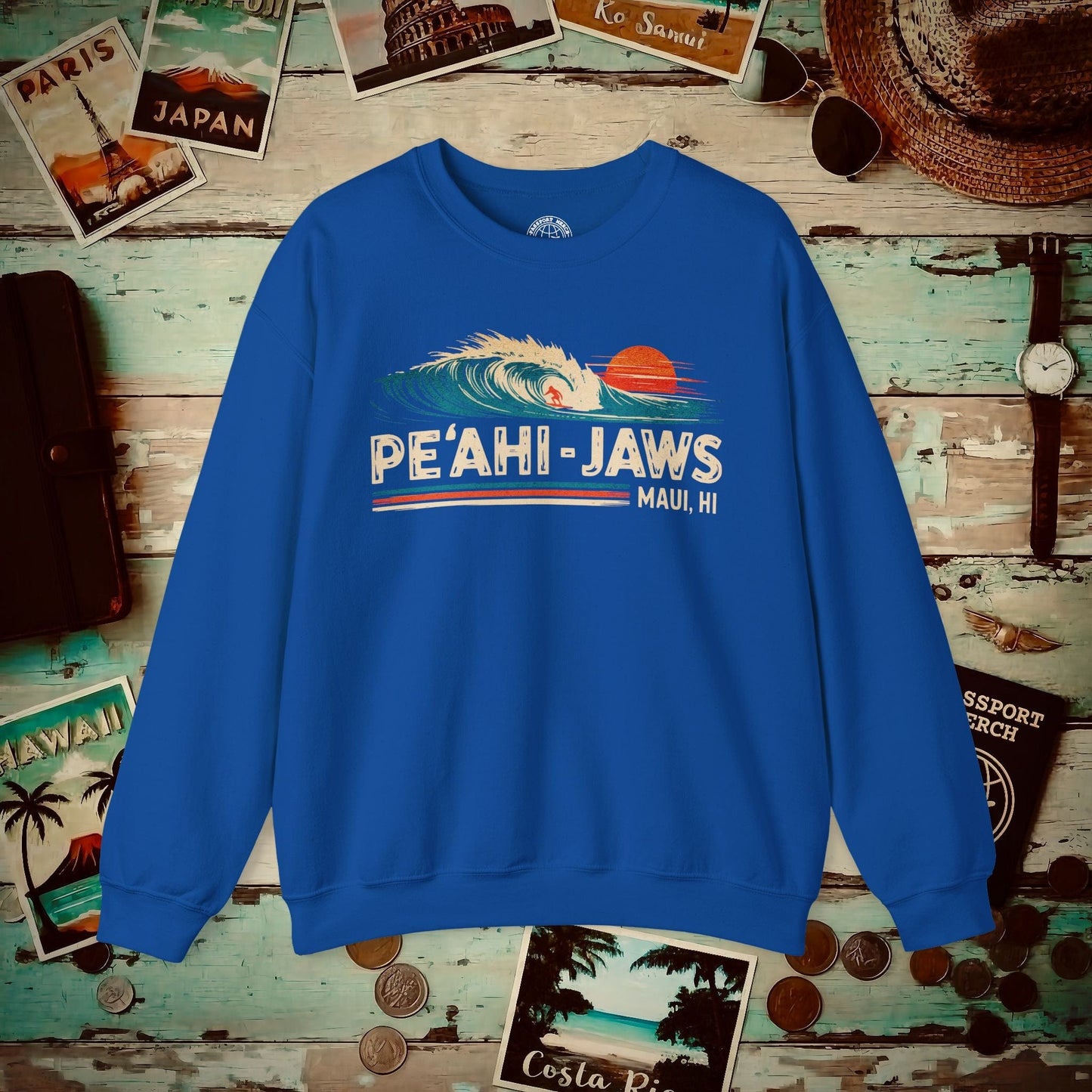 Peahi Jaws, Maui, Hawaii - Vibrant Surf Retro Crewneck Royal / S