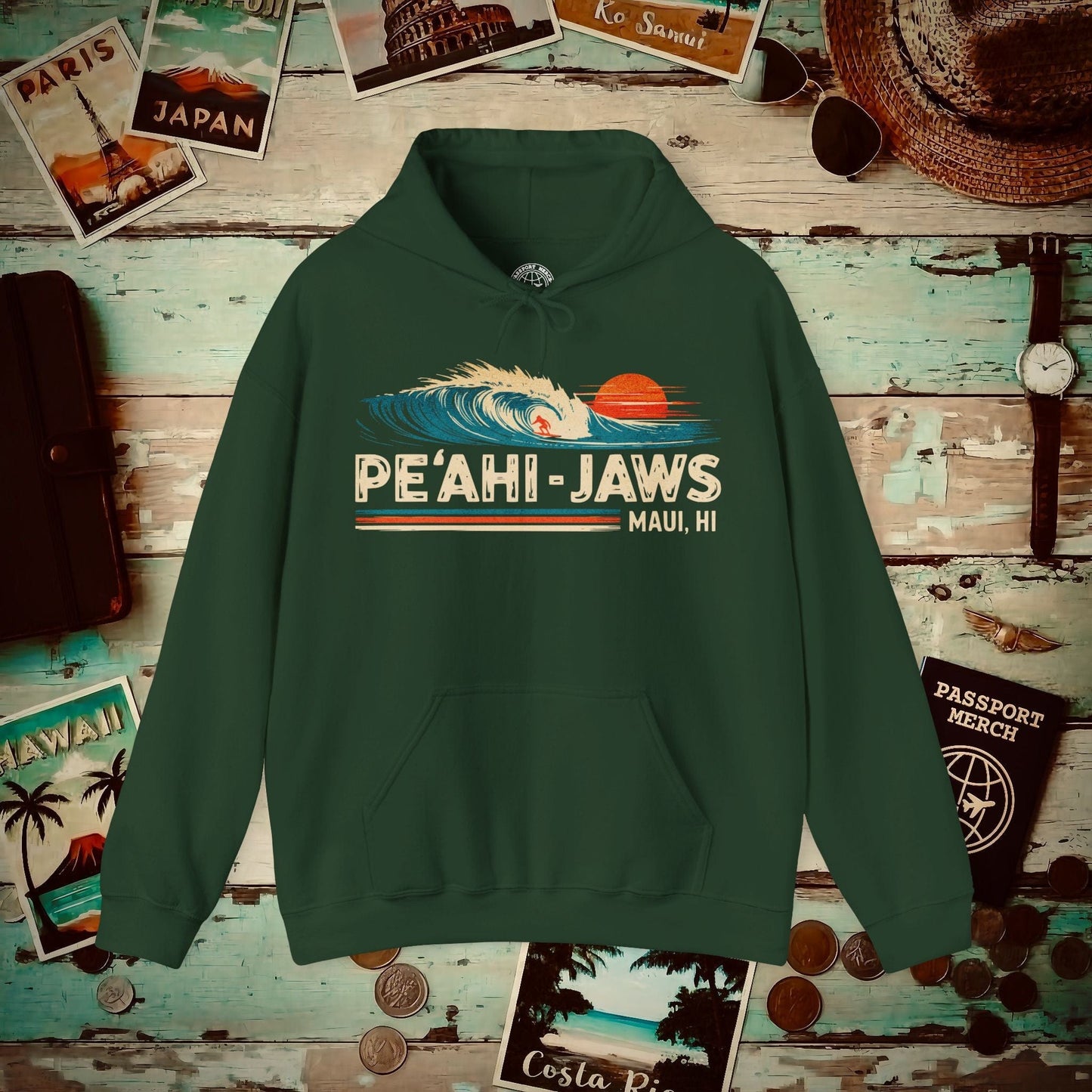 Peahi Jaws, Maui, Hawaii - Vibrant Surf Retro Hoodie Forest Green / S