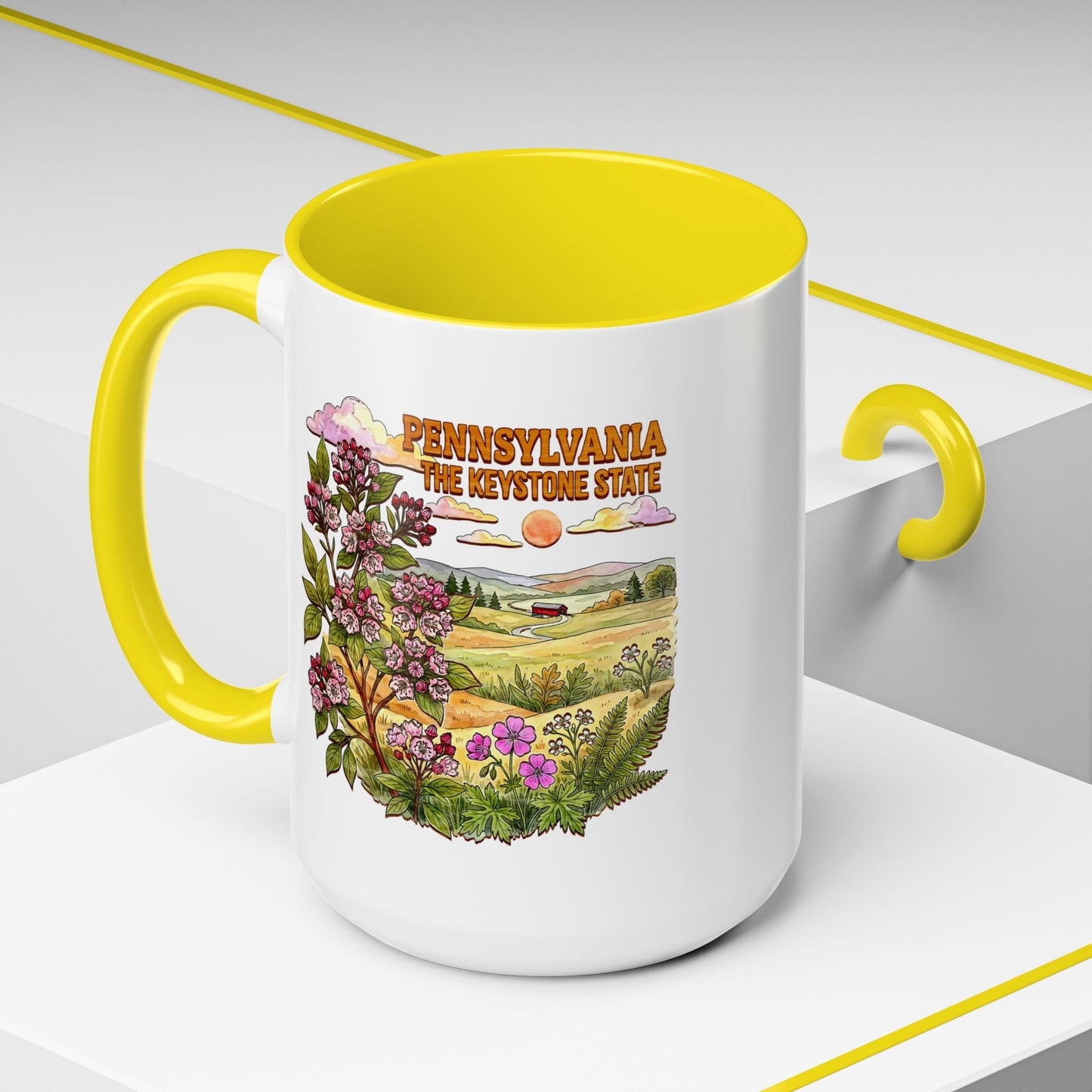 Pennsylvania Flowers in Watercolored Oak 15oz Mug Yellow / 15oz